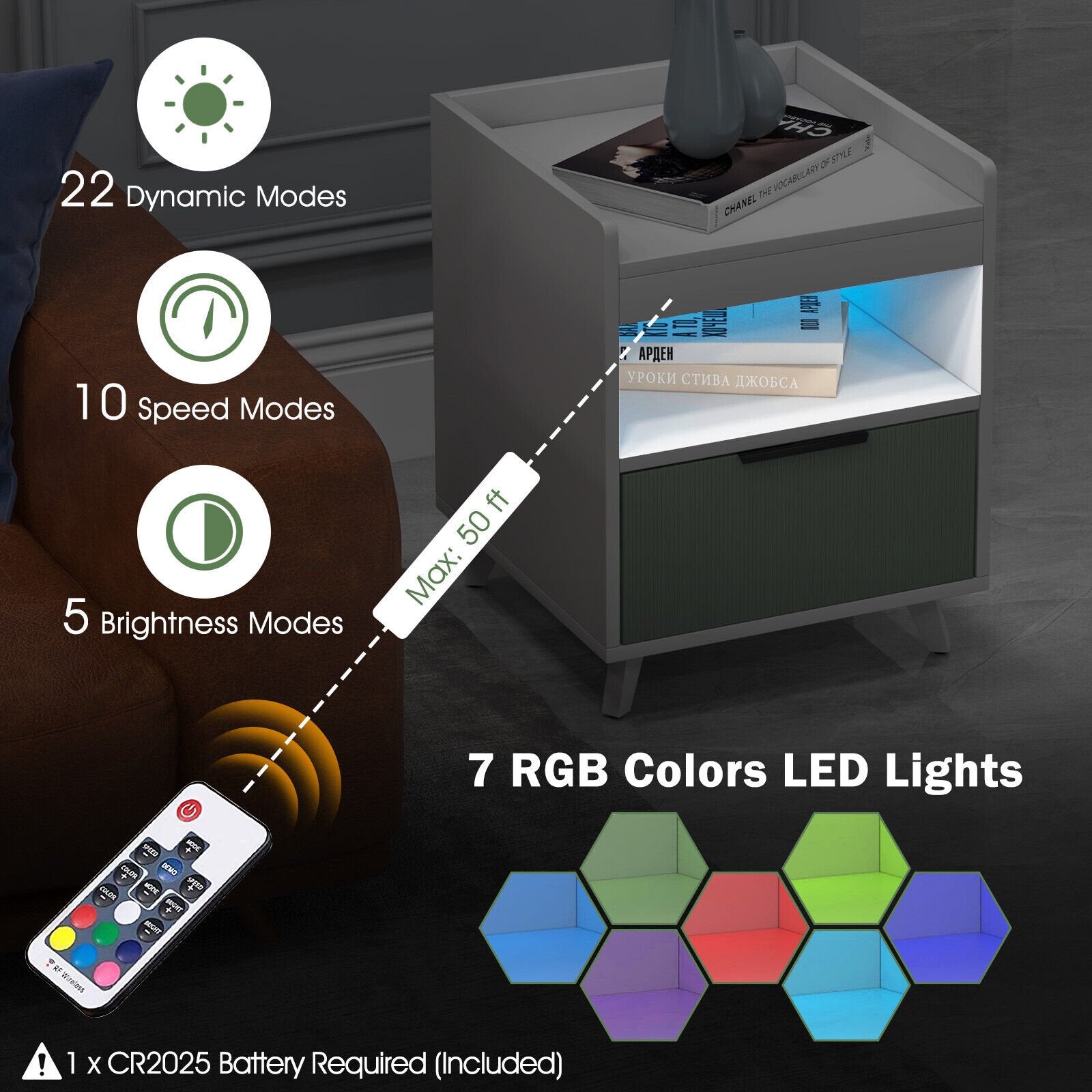 Modern Nightstand with LED Lights Sliding Drawer and Open Compartment, White Nightstands   at Gallery Canada