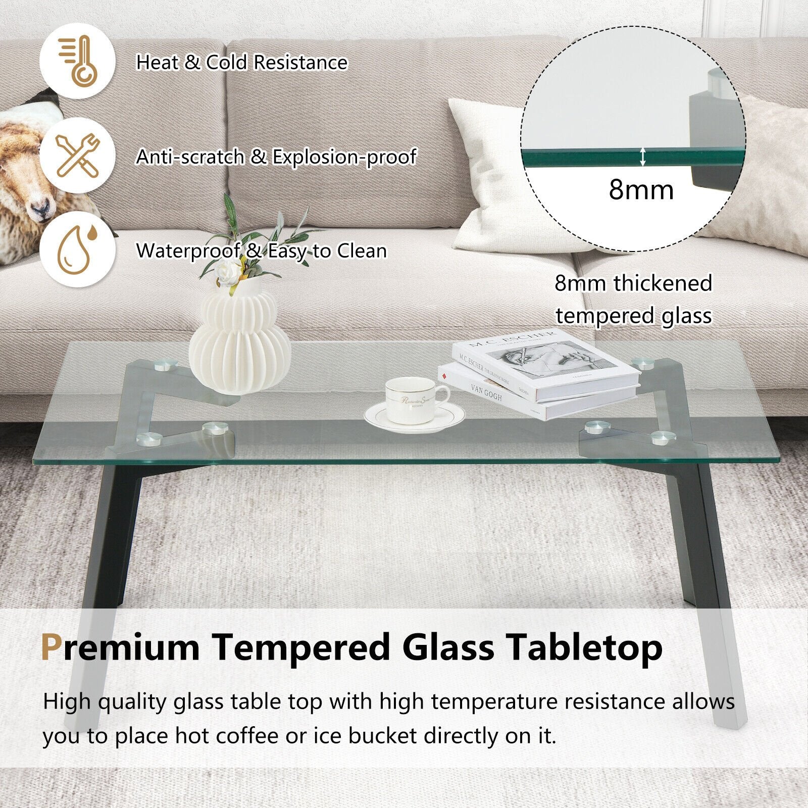 Modern Tempered Glass Coffee Table with Metal Frame for Living Room, Transparent Coffee Tables   at Gallery Canada