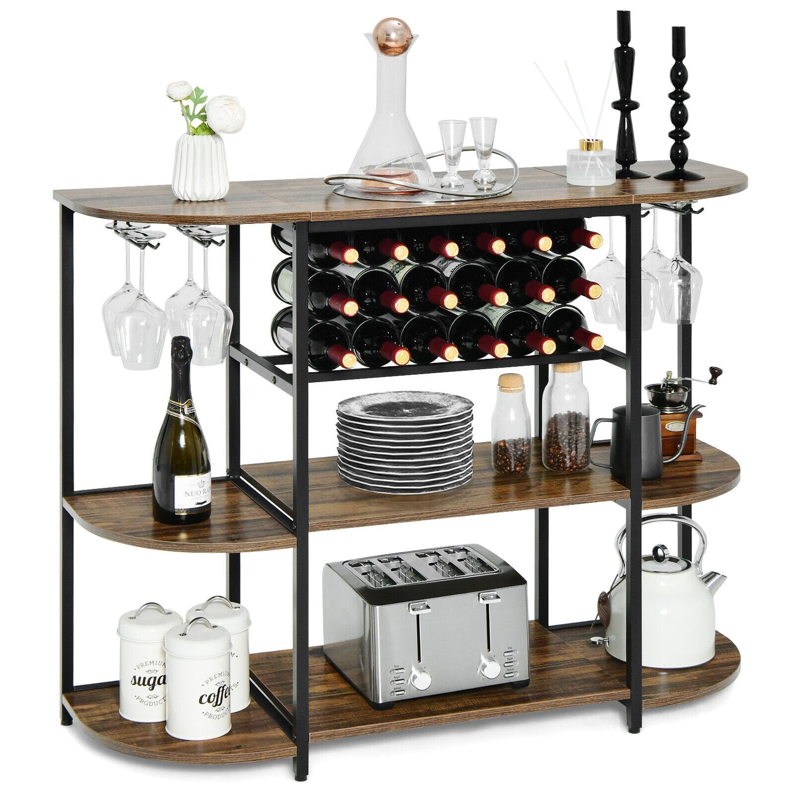 47 Inches Wine Rack Table with Glass Holder and Storage Shelves, Rustic Brown Wine Racks   at Gallery Canada