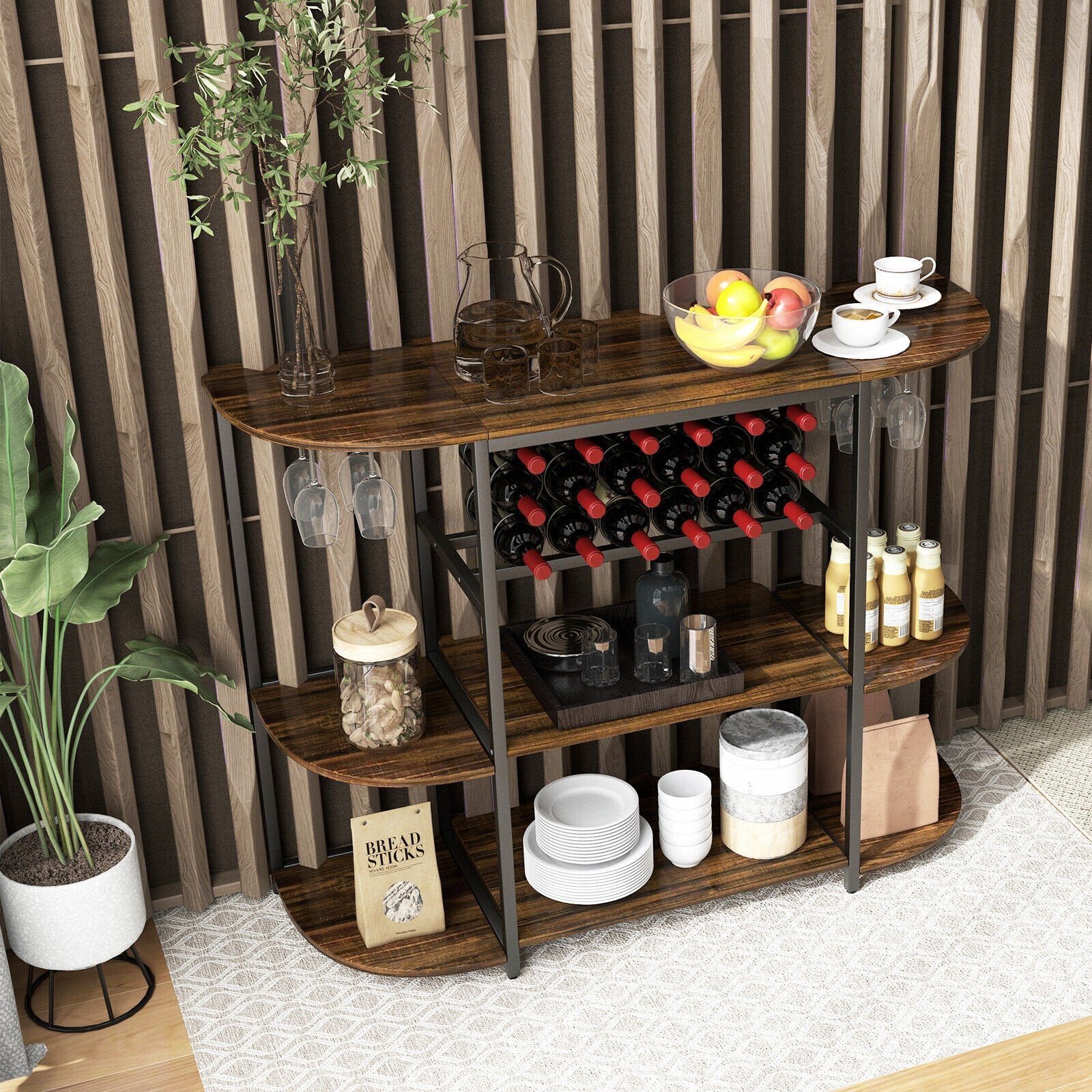 47 Inches Wine Rack Table with Glass Holder and Storage Shelves, Rustic Brown Wine Racks   at Gallery Canada