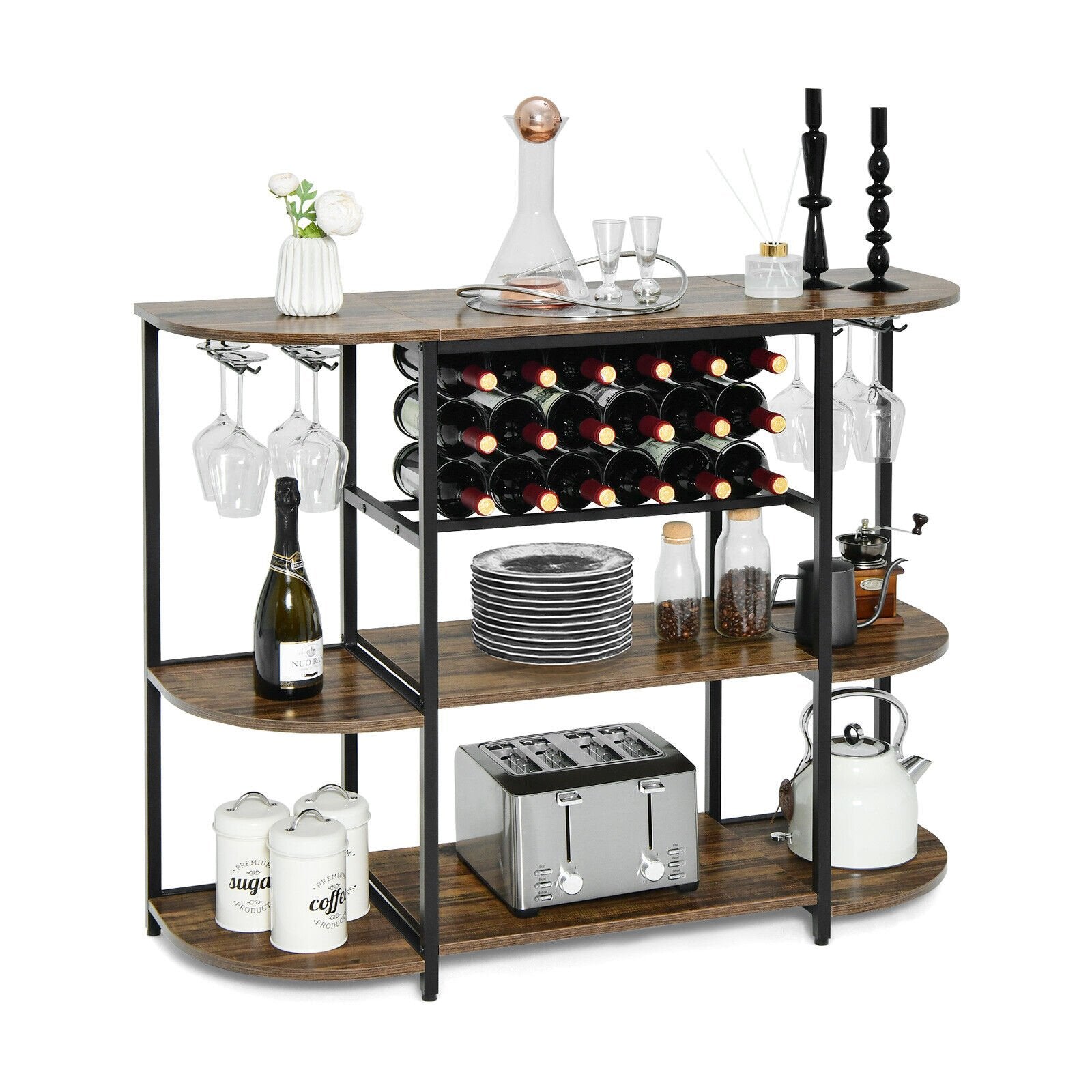 47 Inches Wine Rack Table with Glass Holder and Storage Shelves, Rustic Brown Wine Racks   at Gallery Canada