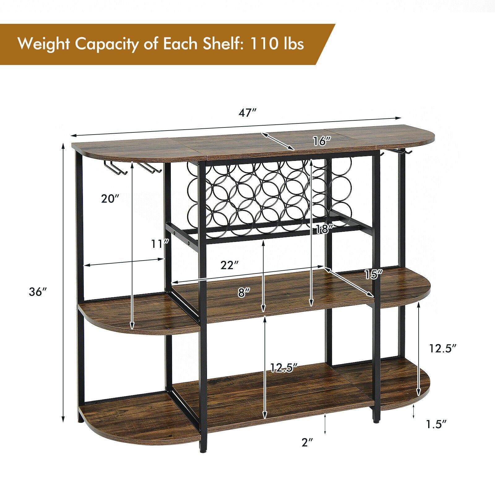 47 Inches Wine Rack Table with Glass Holder and Storage Shelves, Rustic Brown Wine Racks   at Gallery Canada