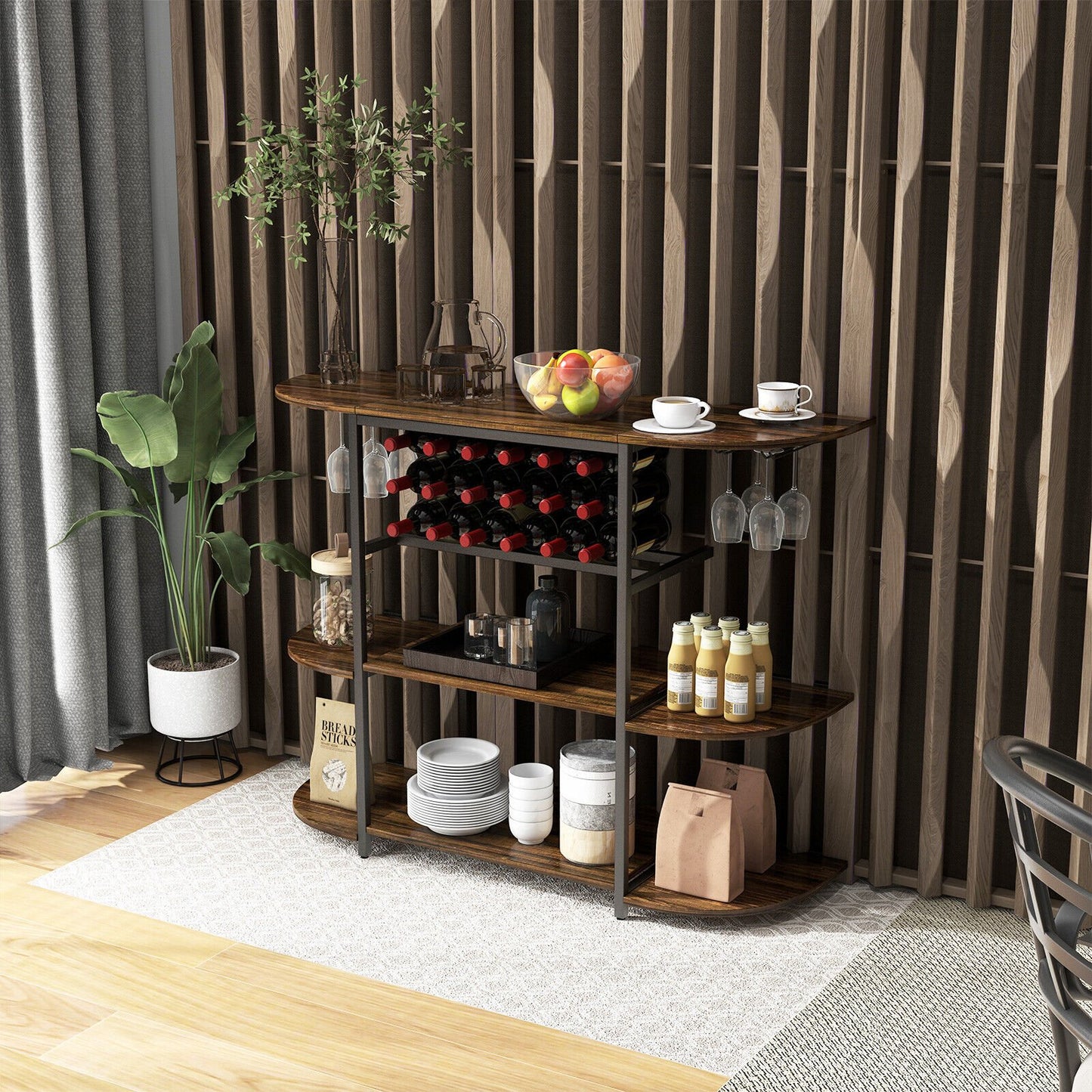 47 Inches Wine Rack Table with Glass Holder and Storage Shelves, Rustic Brown Wine Racks   at Gallery Canada