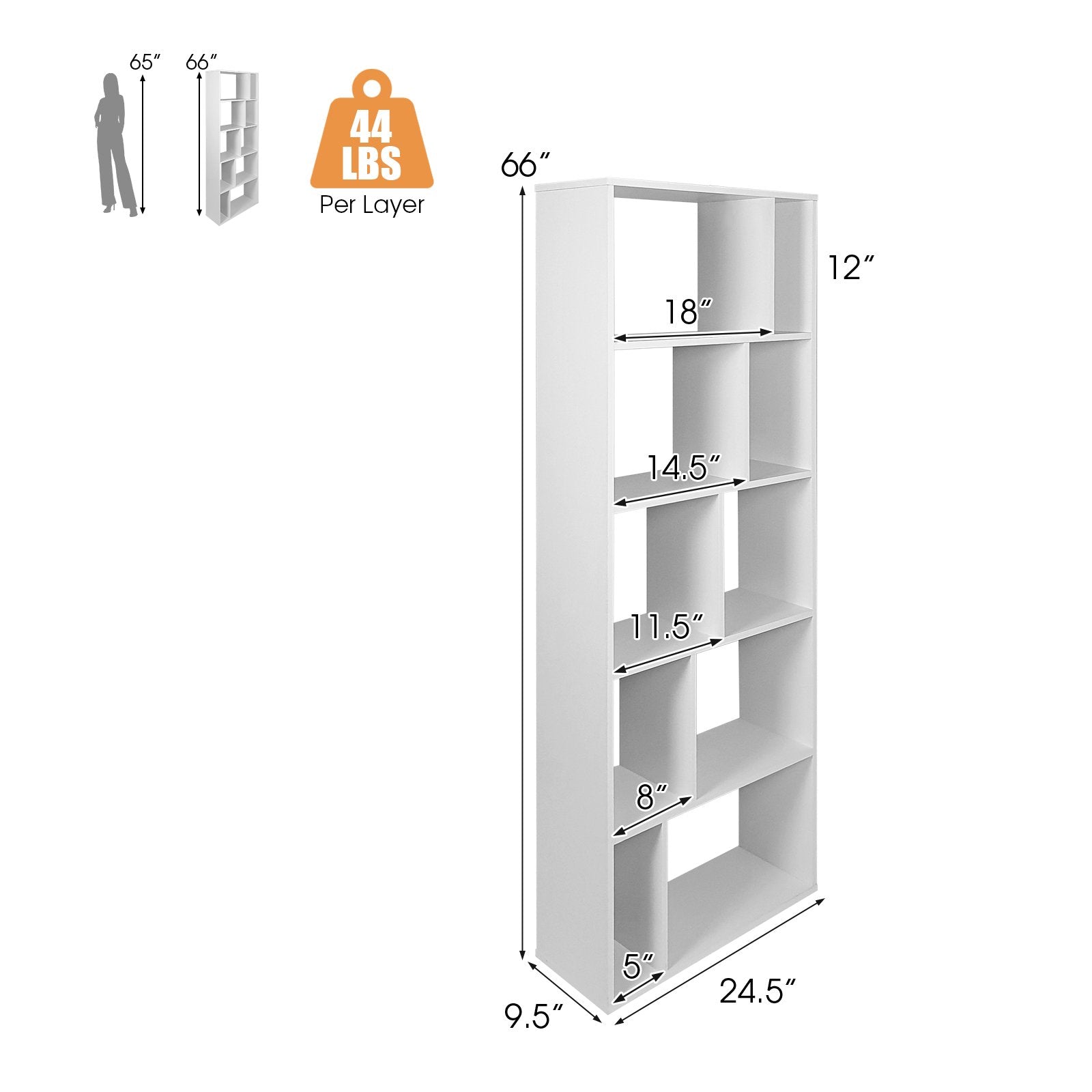 66 Inch Tall 5 Tiers Wood Bookshelf with 10 Open Compartments, White Bookcases   at Gallery Canada