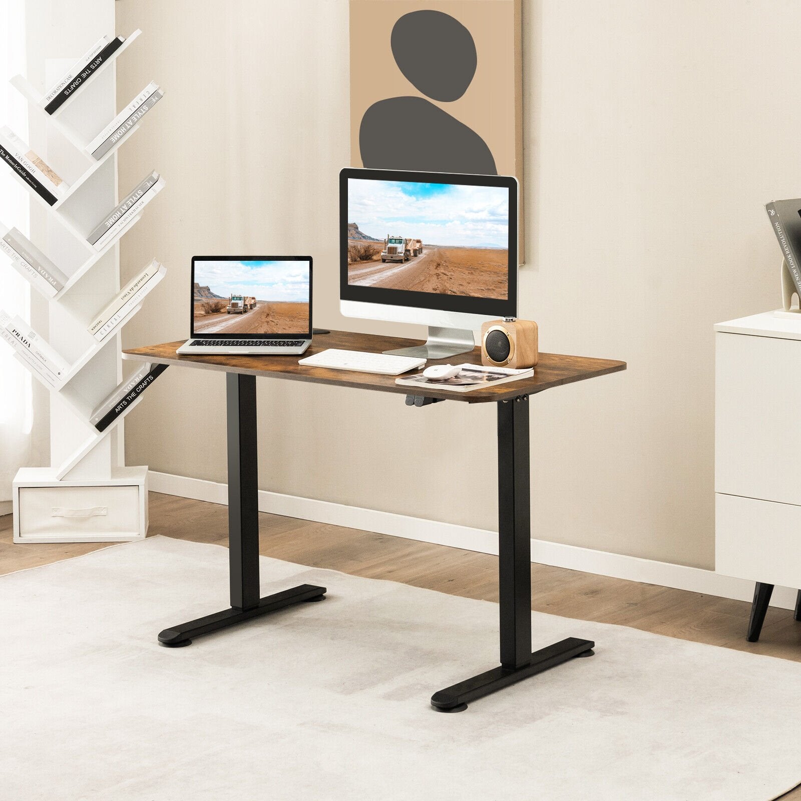 Electric Standing Desk Adjustable Stand up Computer Desk Anti-collision, Rustic Brown Standing Desks   at Gallery Canada