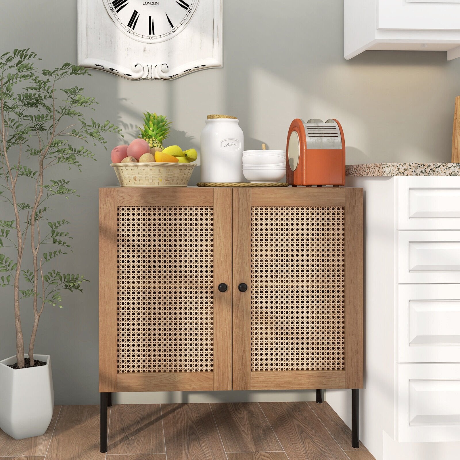 Kitchen Sideboard with 2 Rattan Doors and Adjustable Shelf, Oak Sideboards Cabinets & Buffets   at Gallery Canada