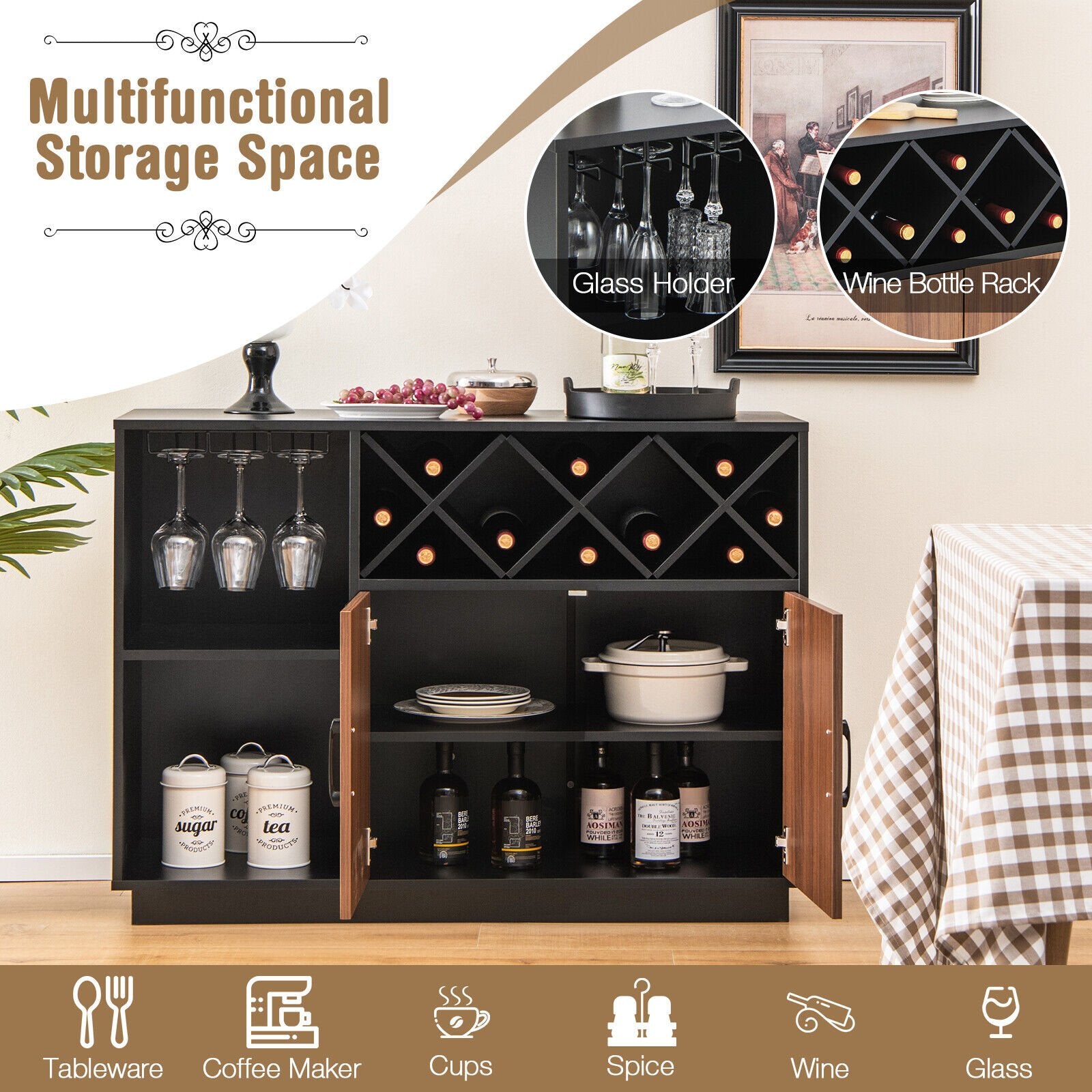 Industrial Sideboard Cabinet with Removable Wine Rack and Glass Holder, Black Sideboards Cabinets & Buffets   at Gallery Canada