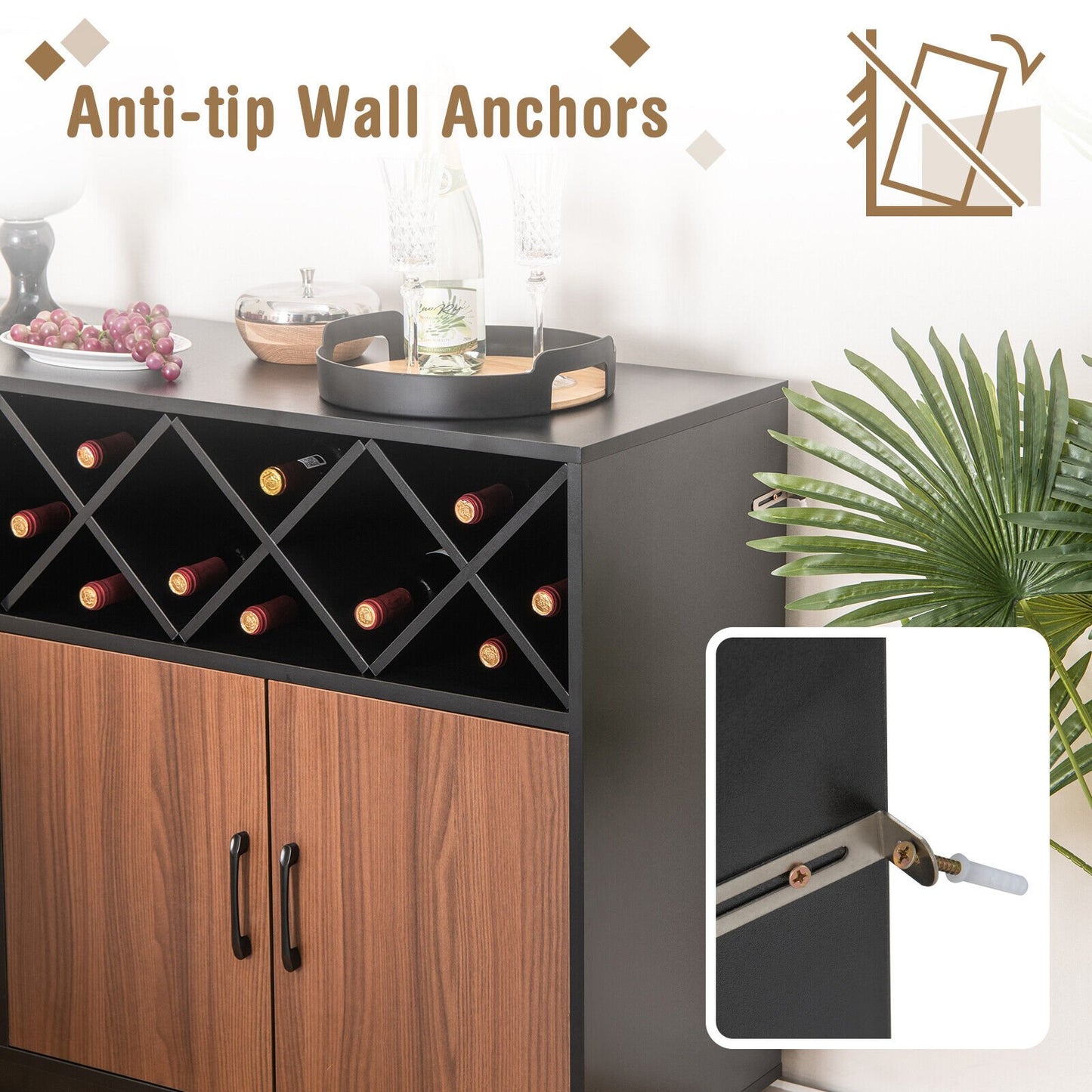 Industrial Sideboard Cabinet with Removable Wine Rack and Glass Holder, Black Sideboards Cabinets & Buffets   at Gallery Canada