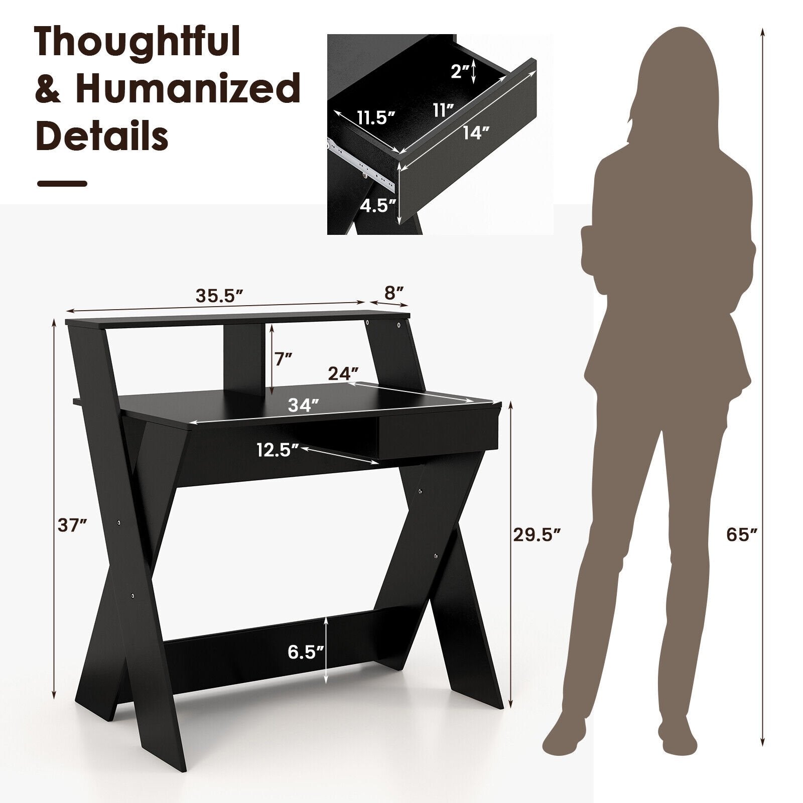 Small Computer Desk with Storage Drawer, Black Writing Desks   at Gallery Canada