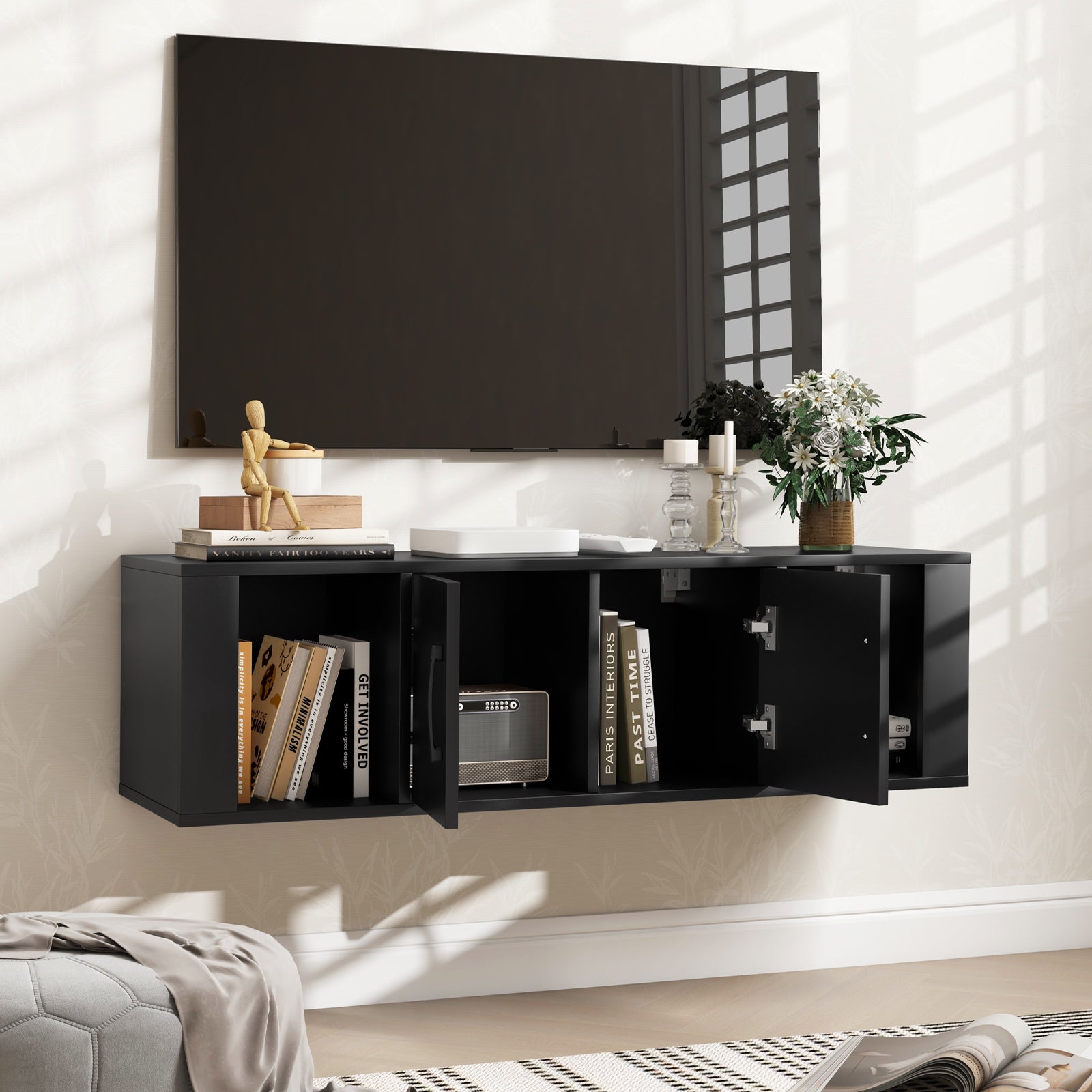 Wall Mounted Floating 2 Door Desk Hutch Storage Shelves, Black Living Room at Gallery Canada