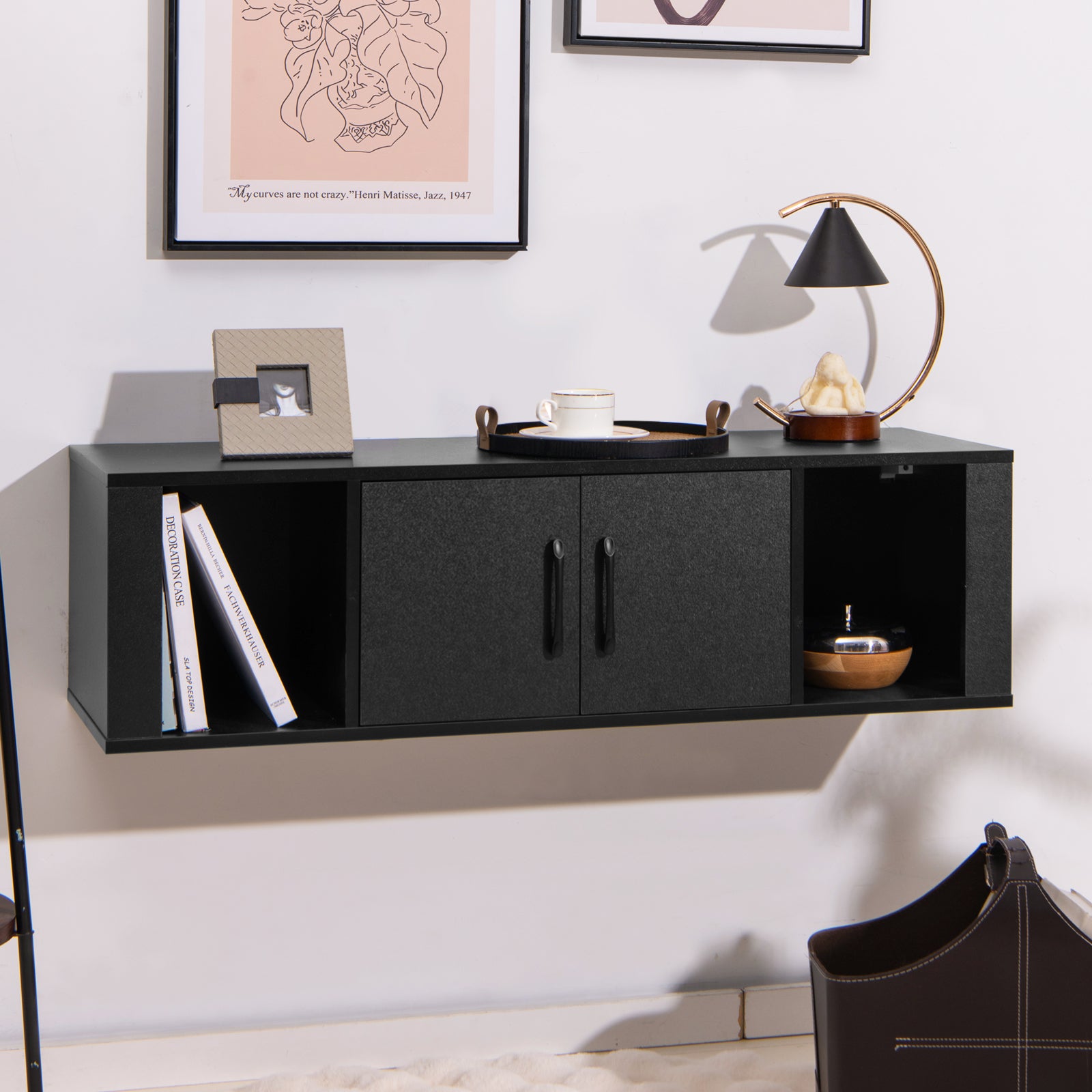 Wall Mounted Floating 2 Door Desk Hutch Storage Shelves, Black Living Room at Gallery Canada