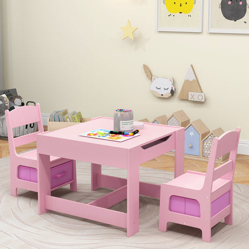 Kids Table Chairs Set With Storage Boxes Blackboard Whiteboard Drawing, Pink