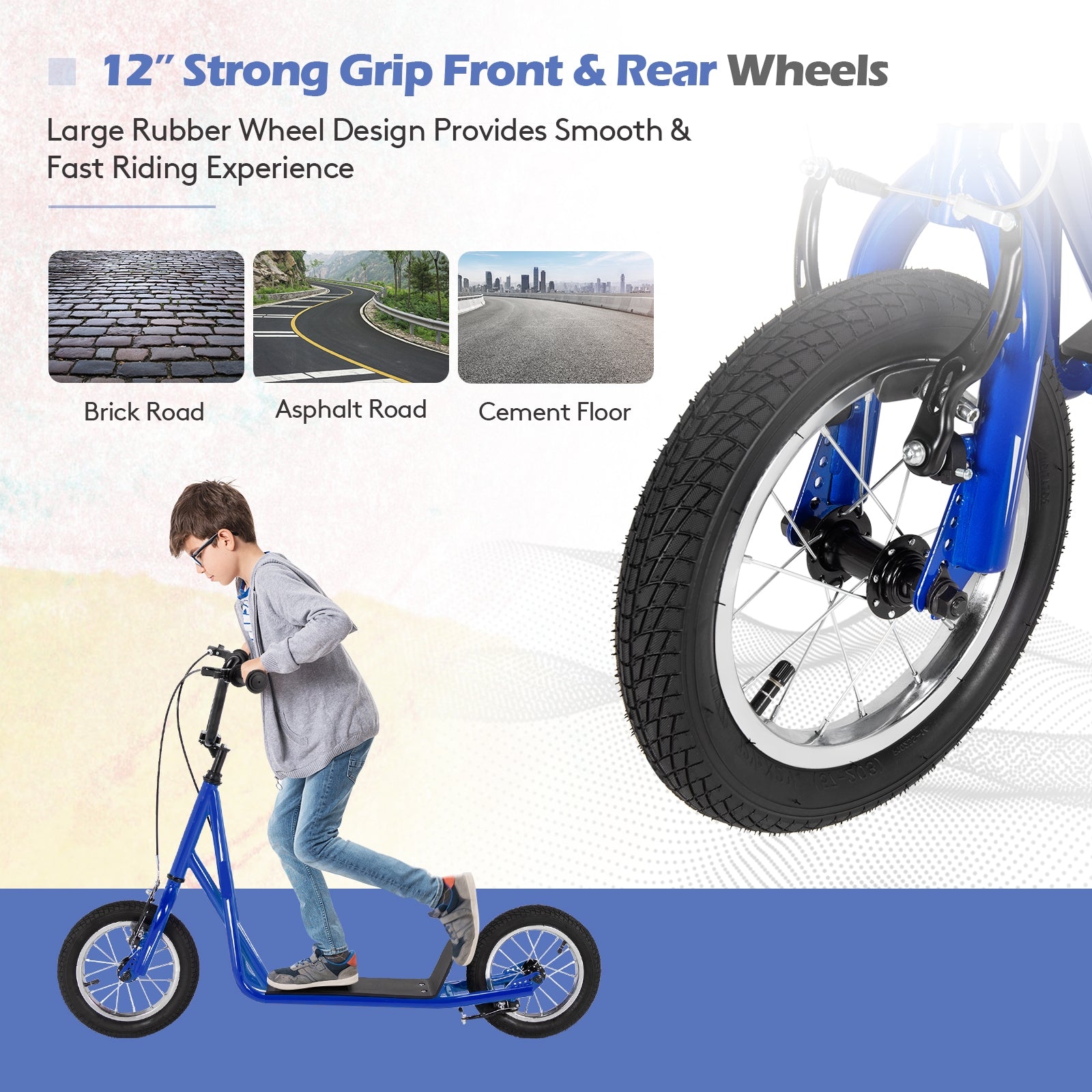 Height Adjustable Kid Kick Scooter with 12 Inch Air Filled Wheel, Navy Scooters at Gallery Canada