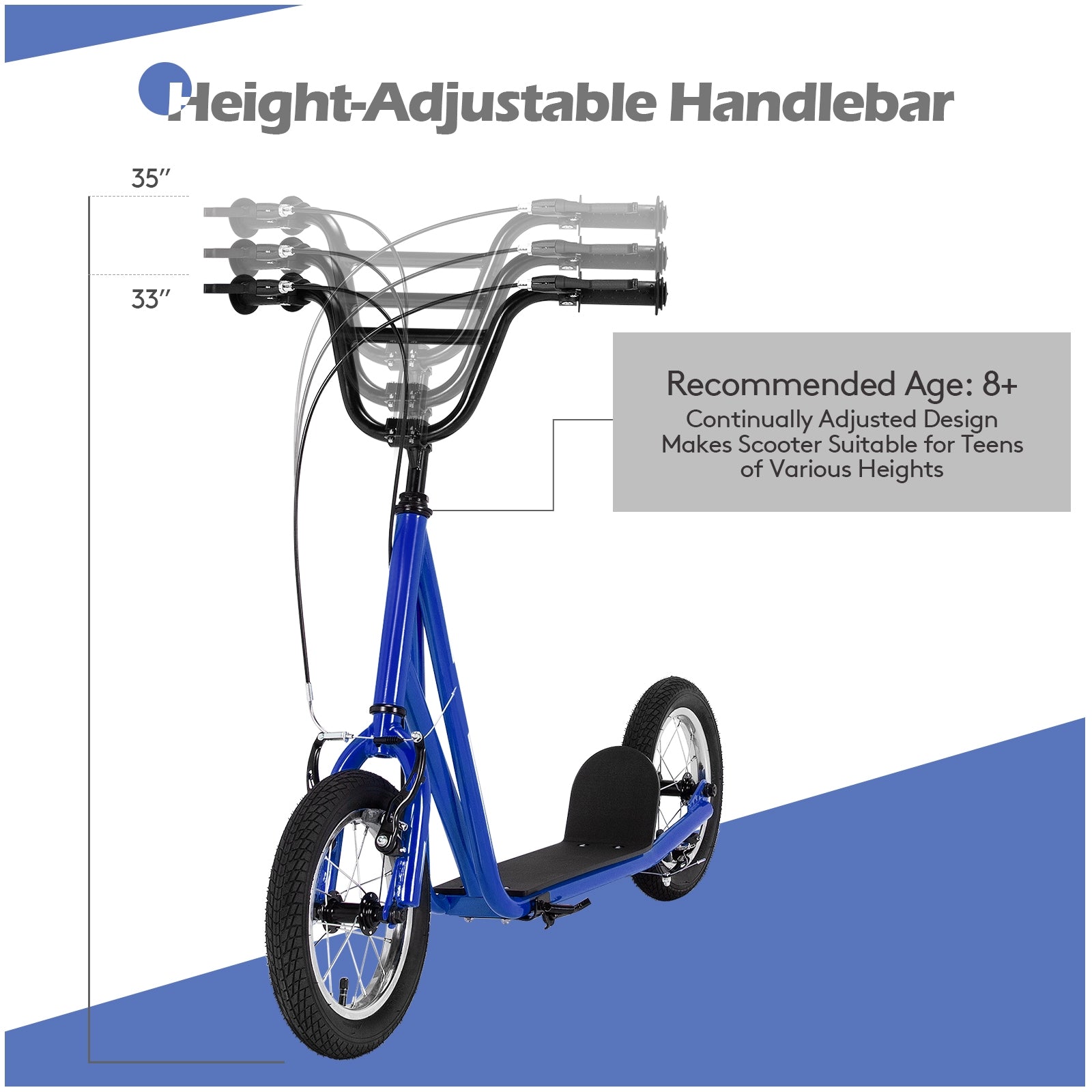 Height Adjustable Kid Kick Scooter with 12 Inch Air Filled Wheel, Navy Scooters at Gallery Canada