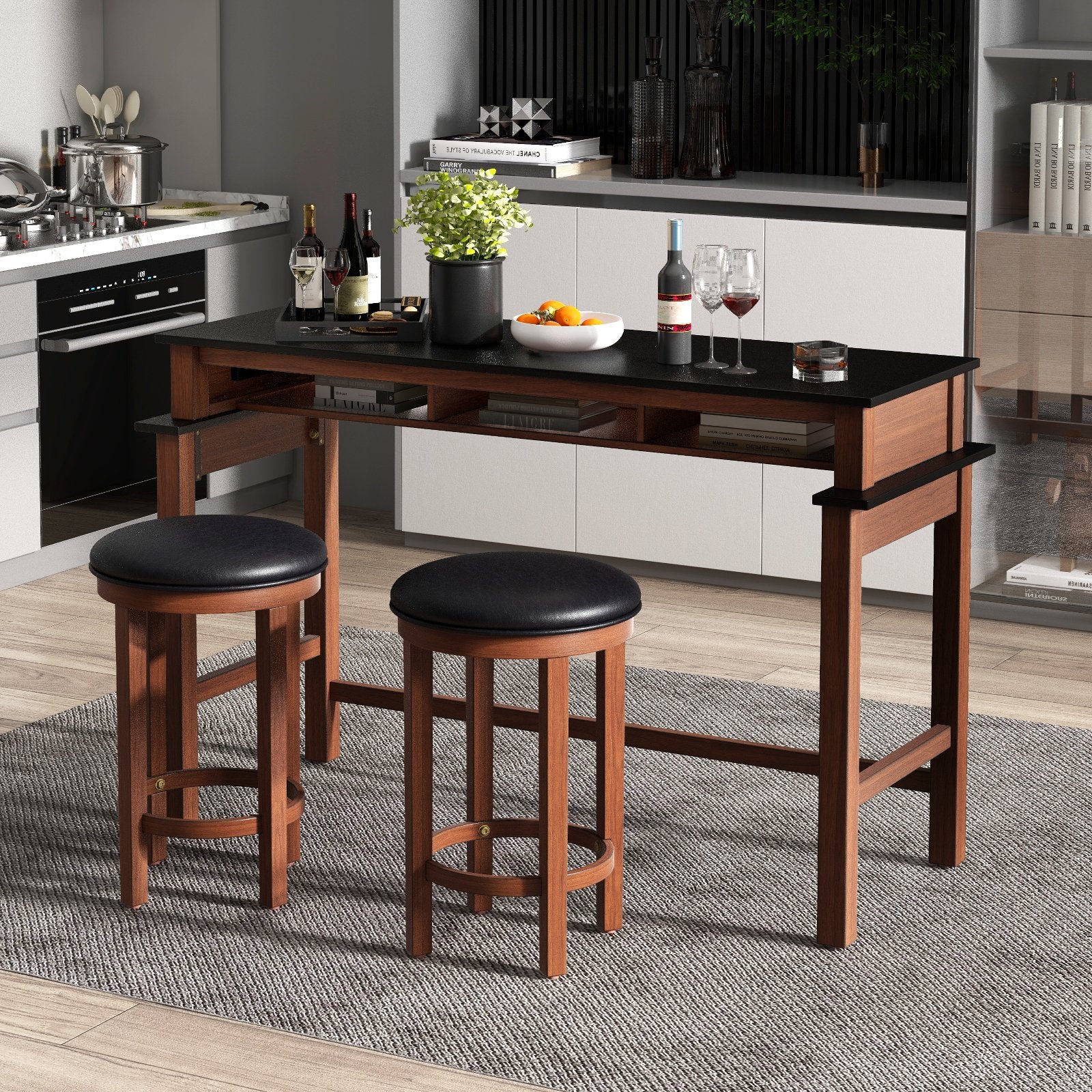 3-Piece Home Bar Set with 2 Upholstered Bar Stools  Outlets and USB Ports, Black Bar Tables   at Gallery Canada