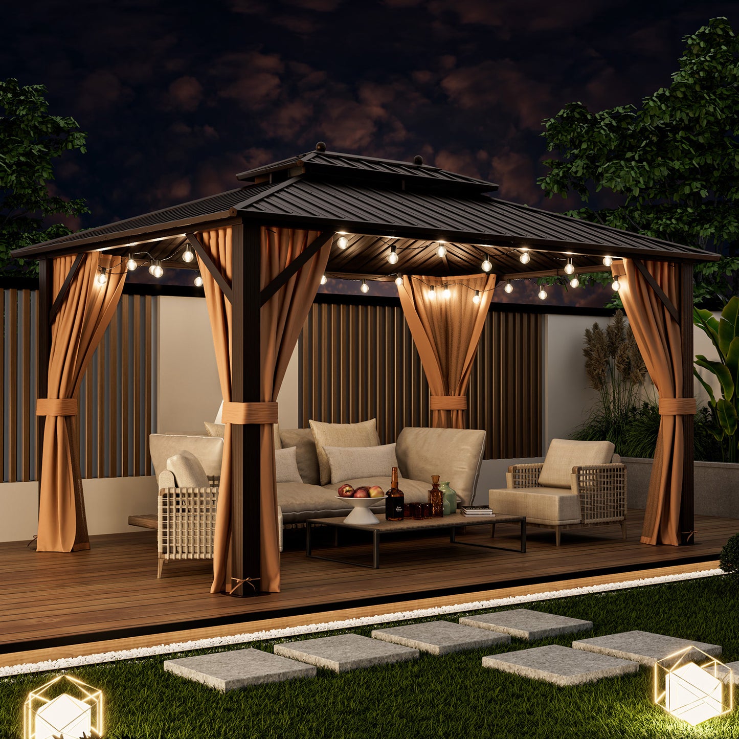 10x13ft Double-Roof Patio Hardtop Gazebo with Galvanized Steel Roof Netting and Curtains, Coffee Gazebos   at Gallery Canada