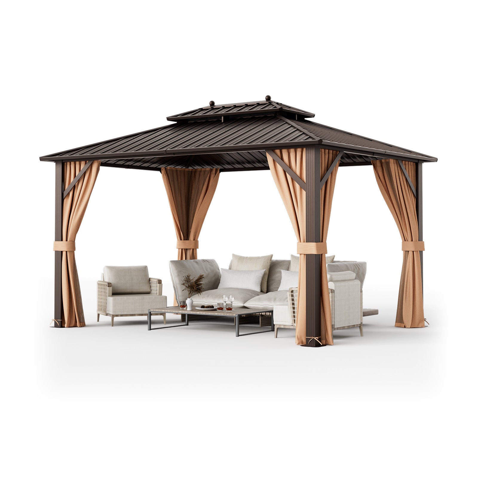 10x13ft Double-Roof Patio Hardtop Gazebo with Galvanized Steel Roof Netting and Curtains, Coffee Gazebos Coffee  at Gallery Canada