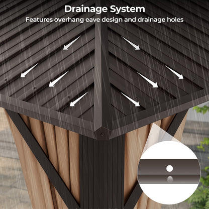 10x13ft Double-Roof Patio Hardtop Gazebo with Galvanized Steel Roof Netting and Curtains, Coffee Gazebos   at Gallery Canada
