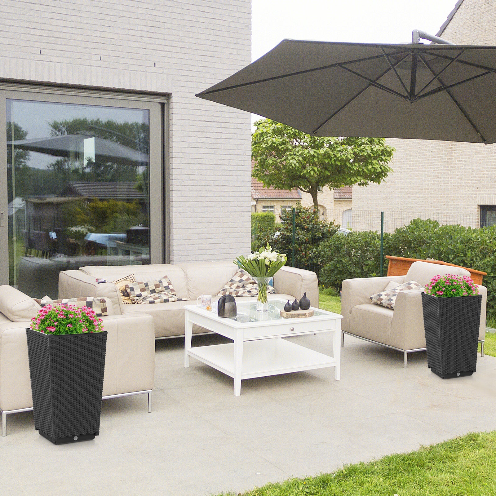 Outdoor Wicker Flower Pot Set of 2 with Drainage Hole for Porch Balcony, Black Raised Garden Beds at Gallery Canada