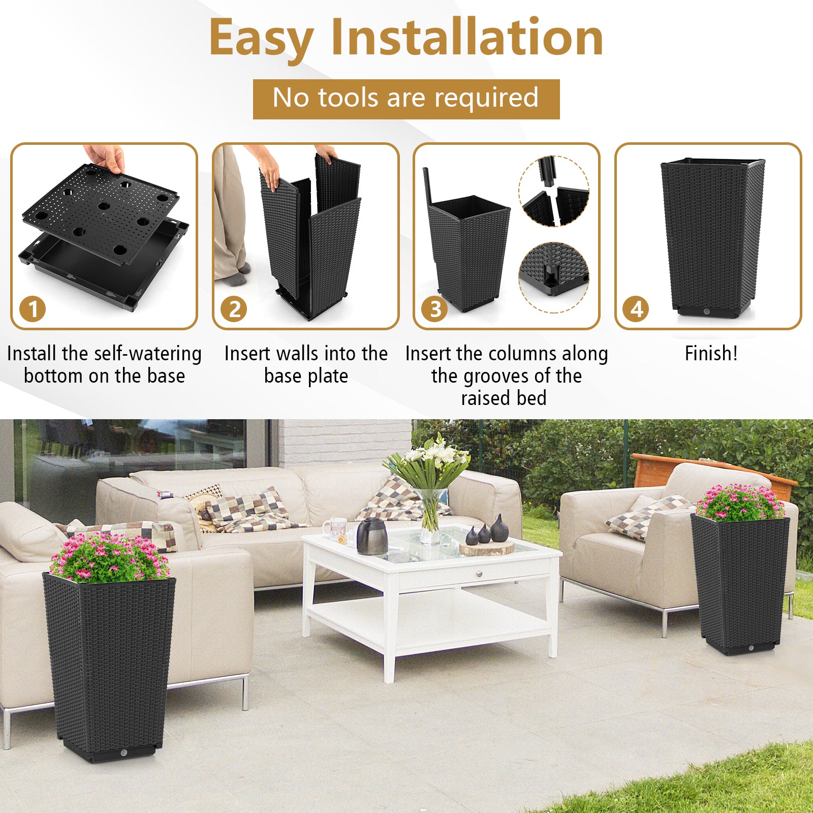 Outdoor Wicker Flower Pot Set of 2 with Drainage Hole for Porch Balcony, Black Raised Garden Beds at Gallery Canada