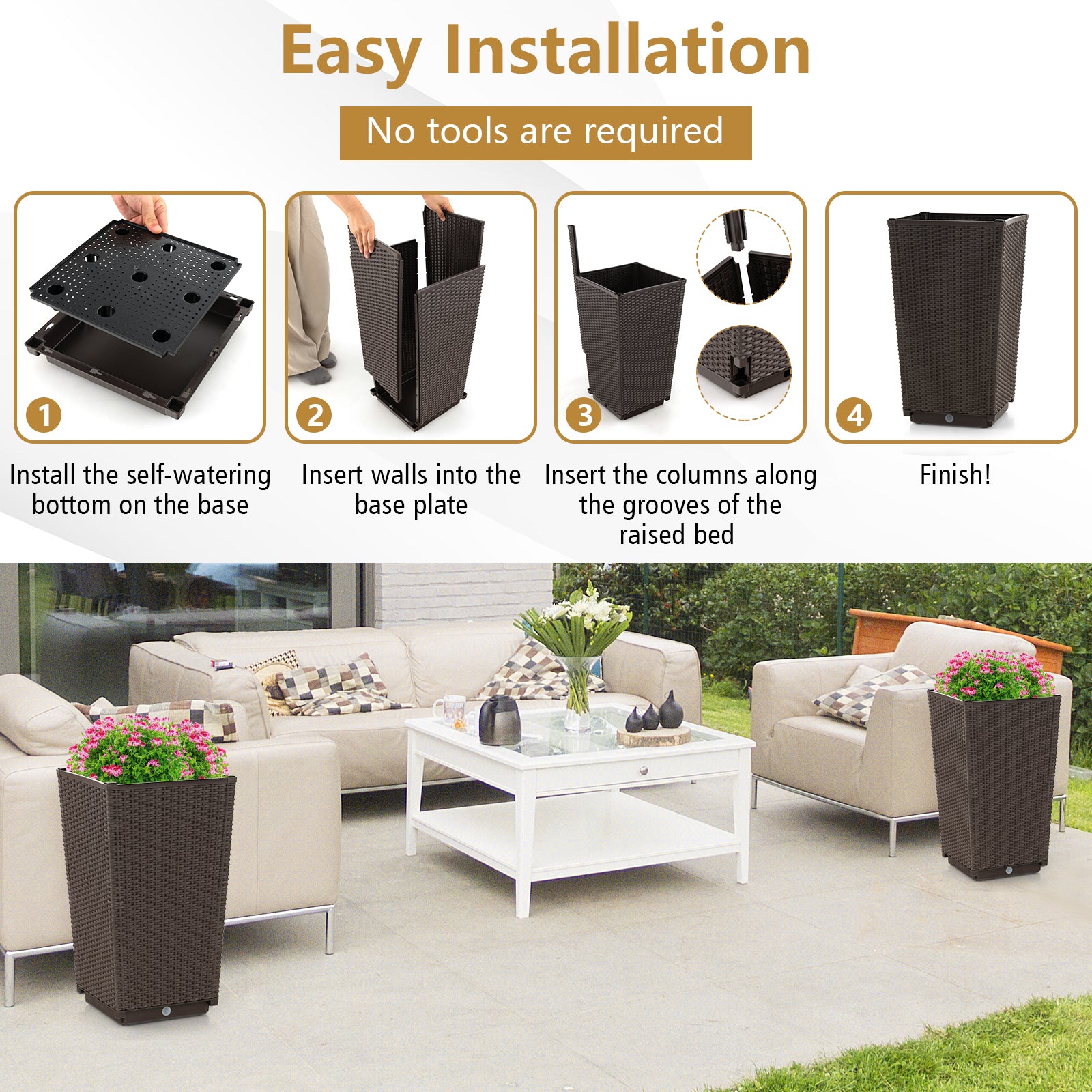Outdoor Wicker Flower Pot Set of 2 with Drainage Hole for Porch Balcony, Brown Raised Garden Beds at Gallery Canada