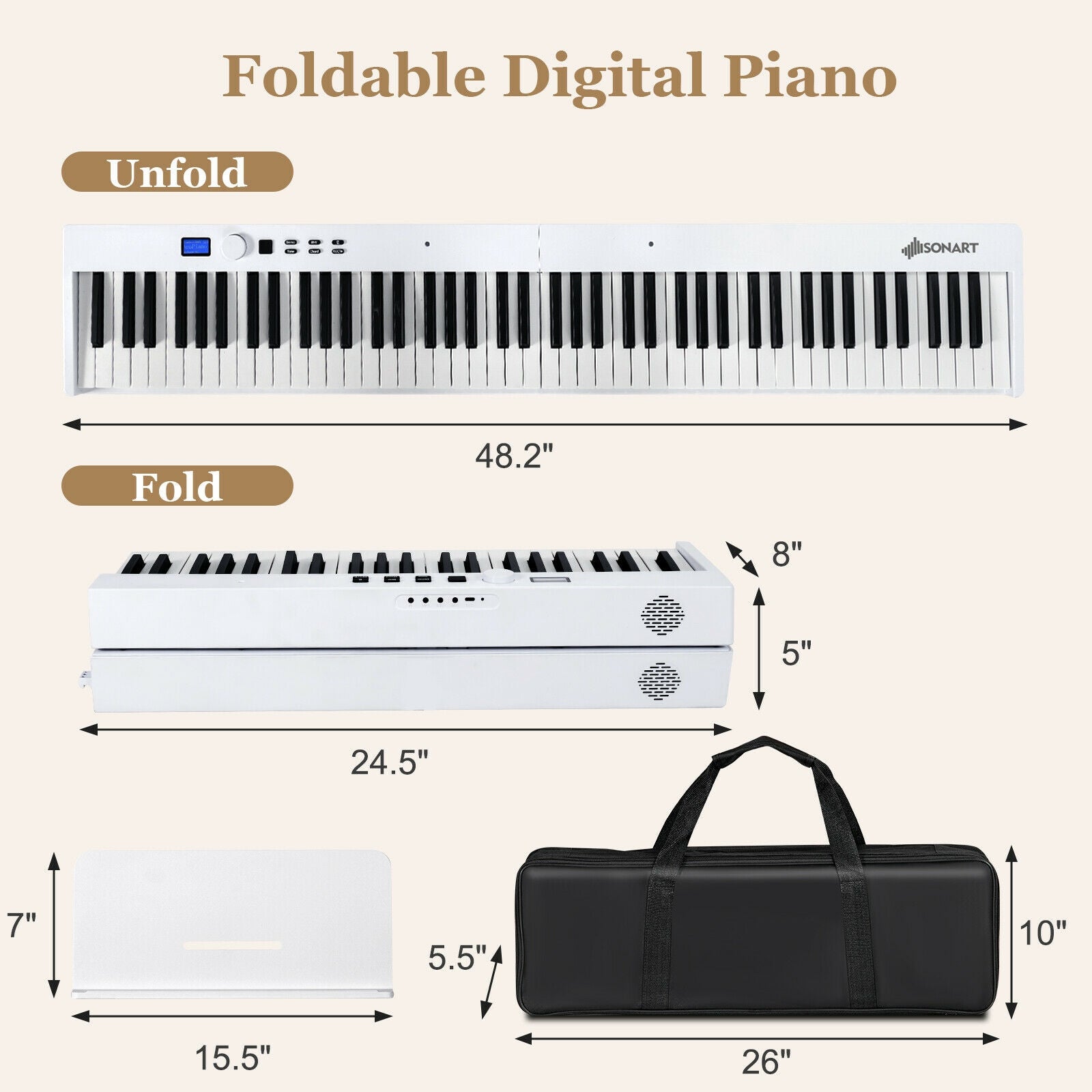 88-Key Foldable Digital Piano with MIDI and Wireless BT, White Pianos & Keyboards at Gallery Canada