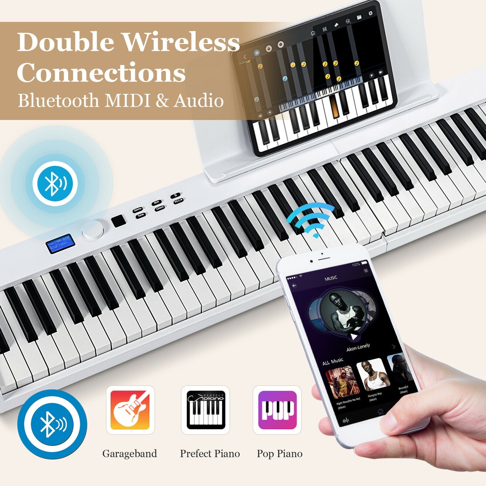 88-Key Foldable Digital Piano with MIDI and Wireless BT, White Pianos & Keyboards at Gallery Canada