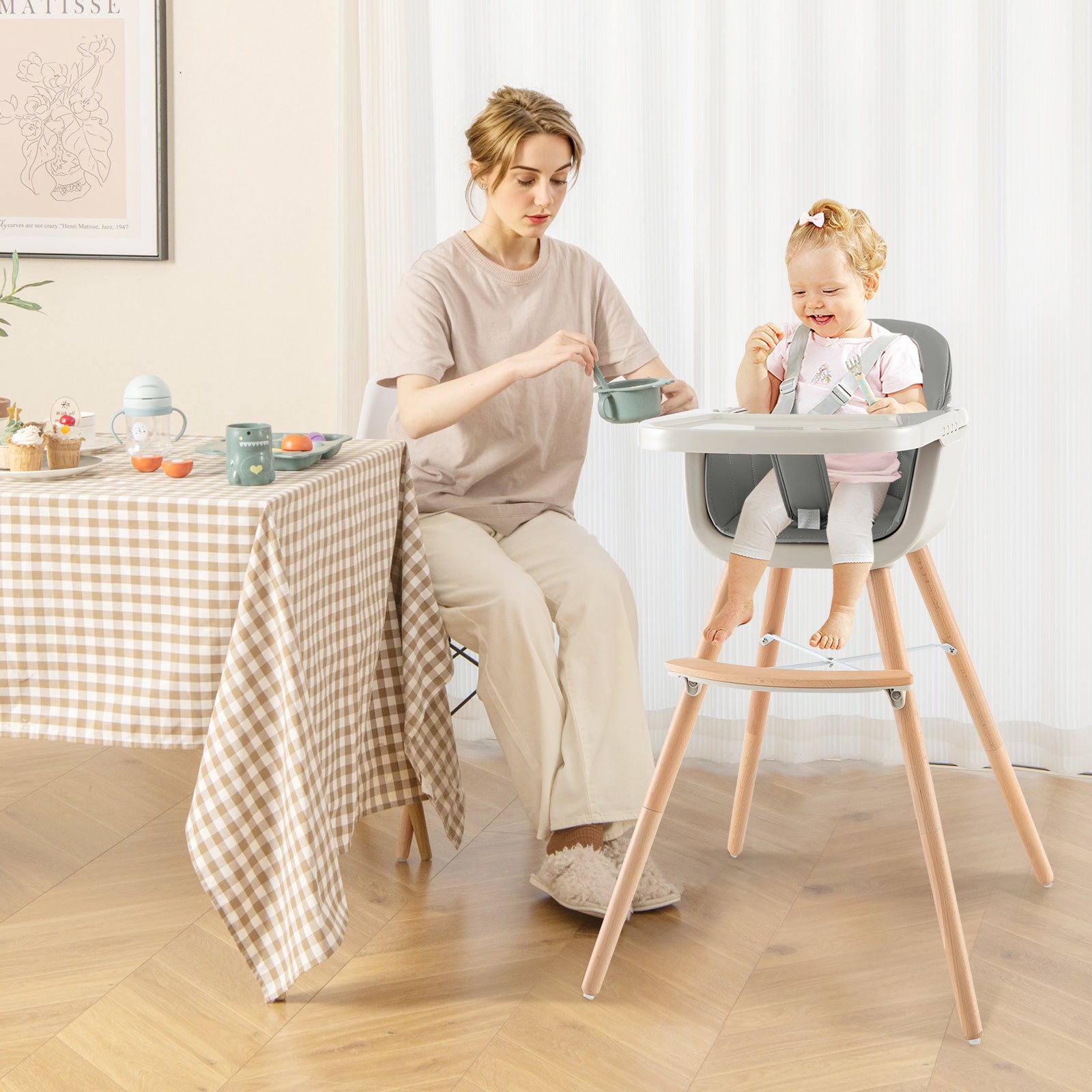 3-in-1 Convertible Wooden High Chair with Cushion, Gray High Chairs   at Gallery Canada