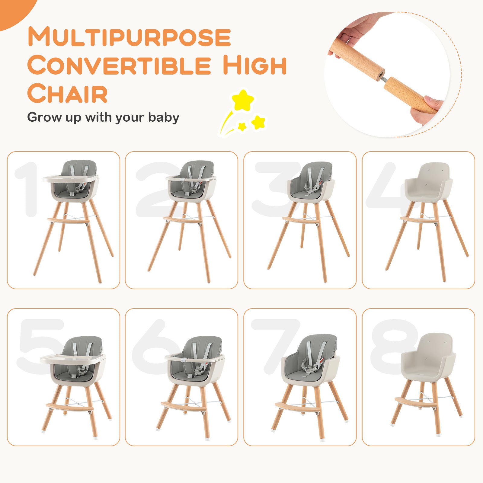 3-in-1 Convertible Wooden High Chair with Cushion, Gray High Chairs   at Gallery Canada