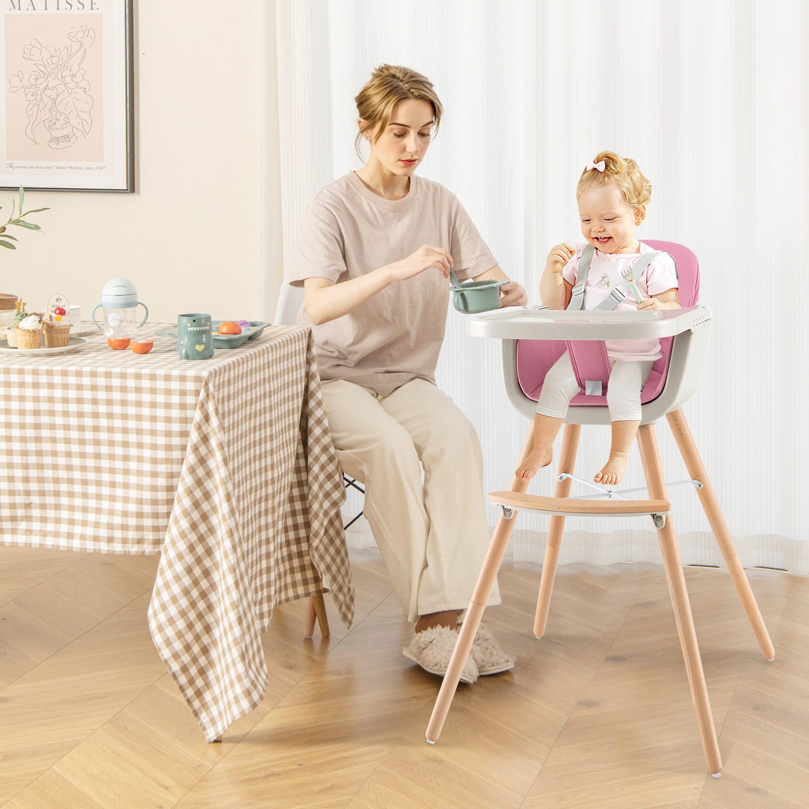 3-in-1 Convertible Wooden High Chair with Cushion, Pink High Chairs   at Gallery Canada