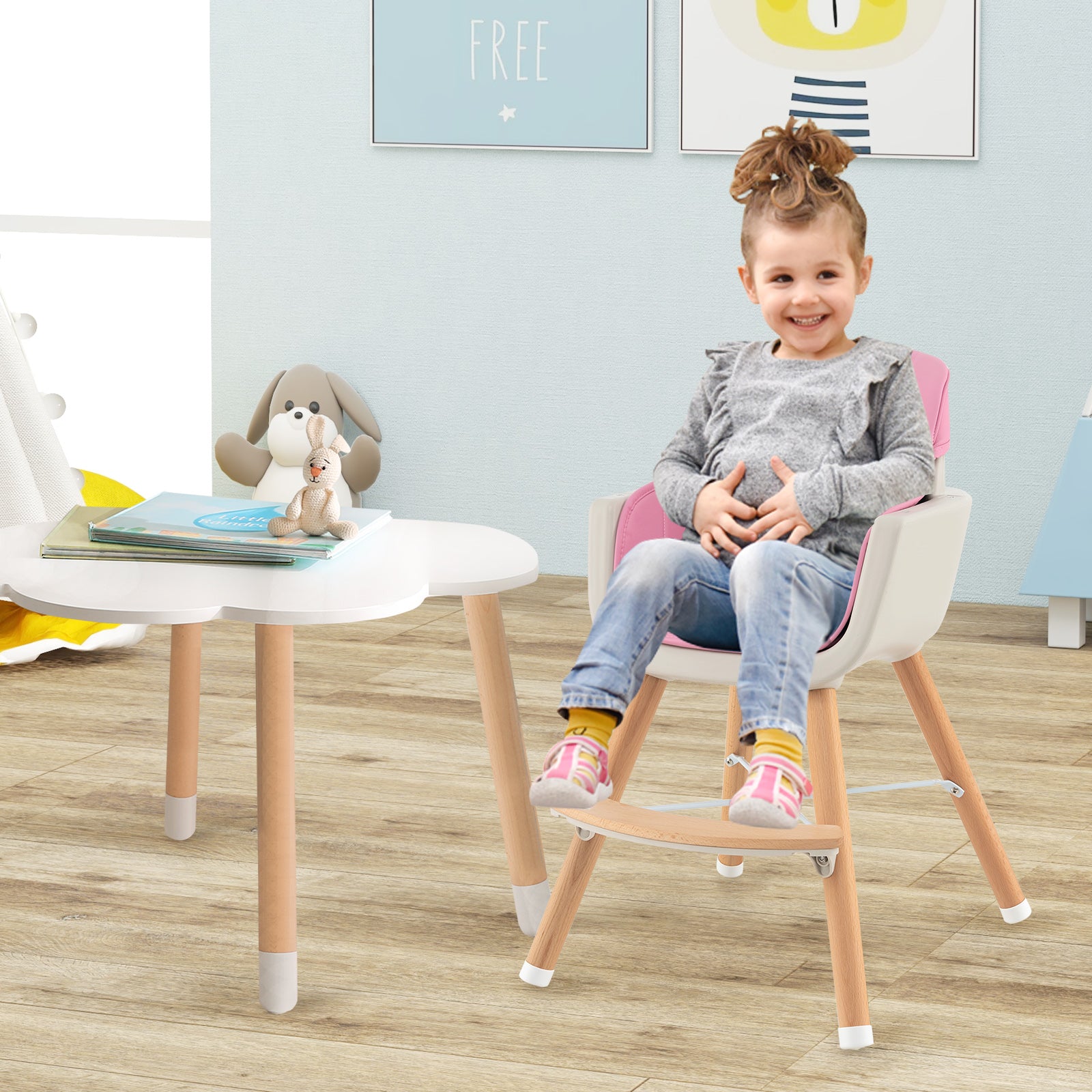 3-in-1 Convertible Wooden High Chair with Cushion, Pink High Chairs   at Gallery Canada