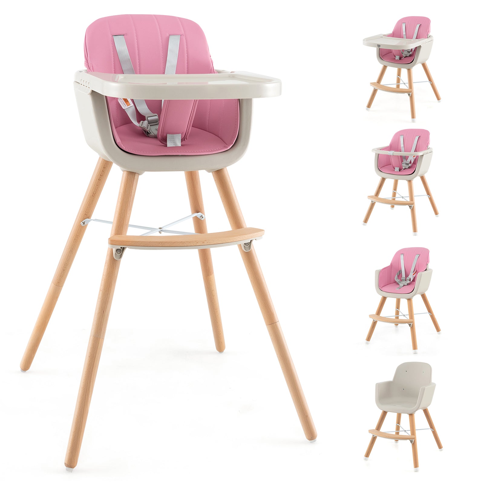 3-in-1 Convertible Wooden High Chair with Cushion, Pink High Chairs   at Gallery Canada