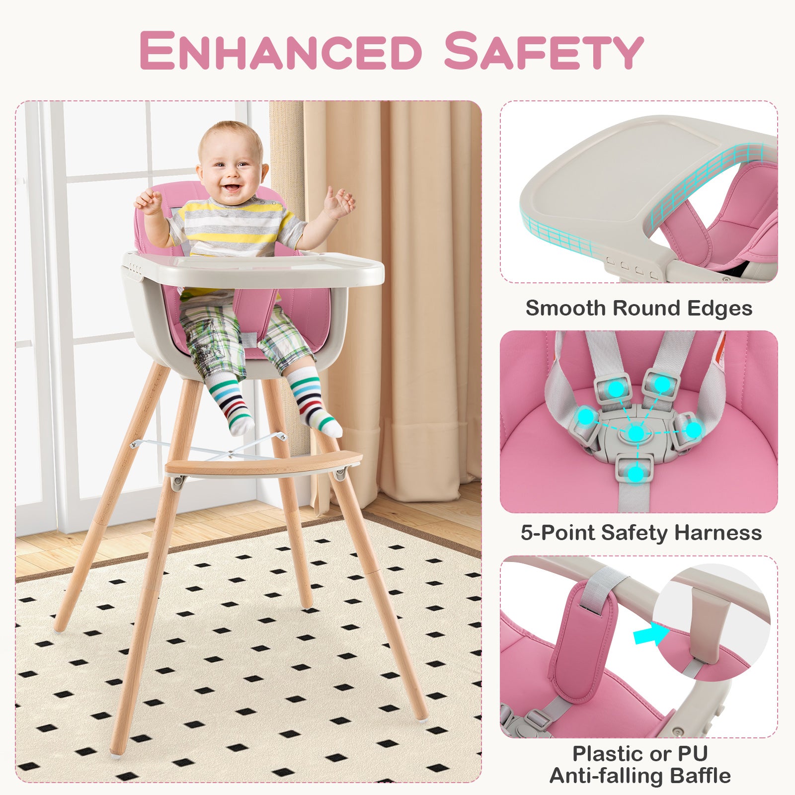 3-in-1 Convertible Wooden High Chair with Cushion, Pink High Chairs   at Gallery Canada