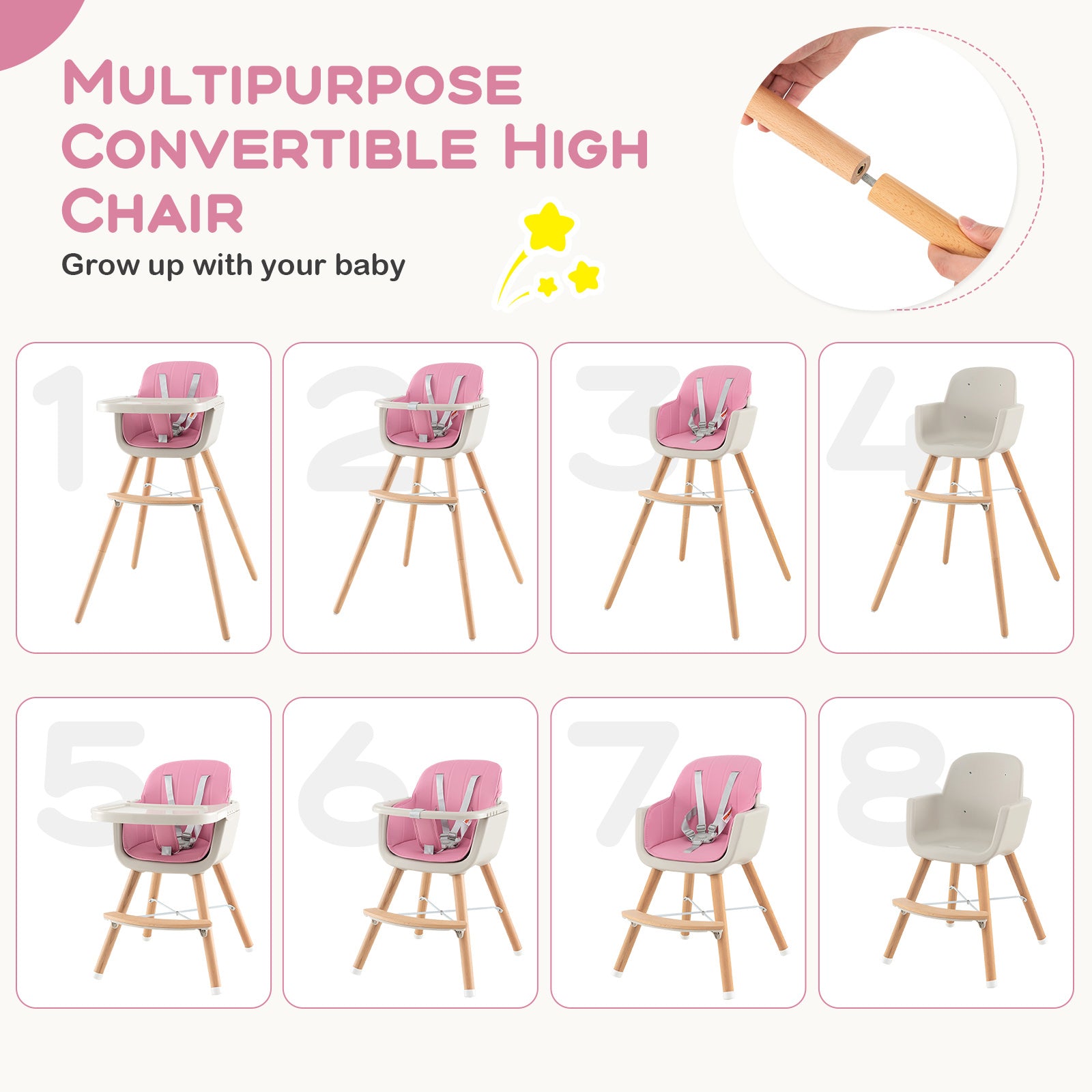 3-in-1 Convertible Wooden High Chair with Cushion, Pink High Chairs   at Gallery Canada