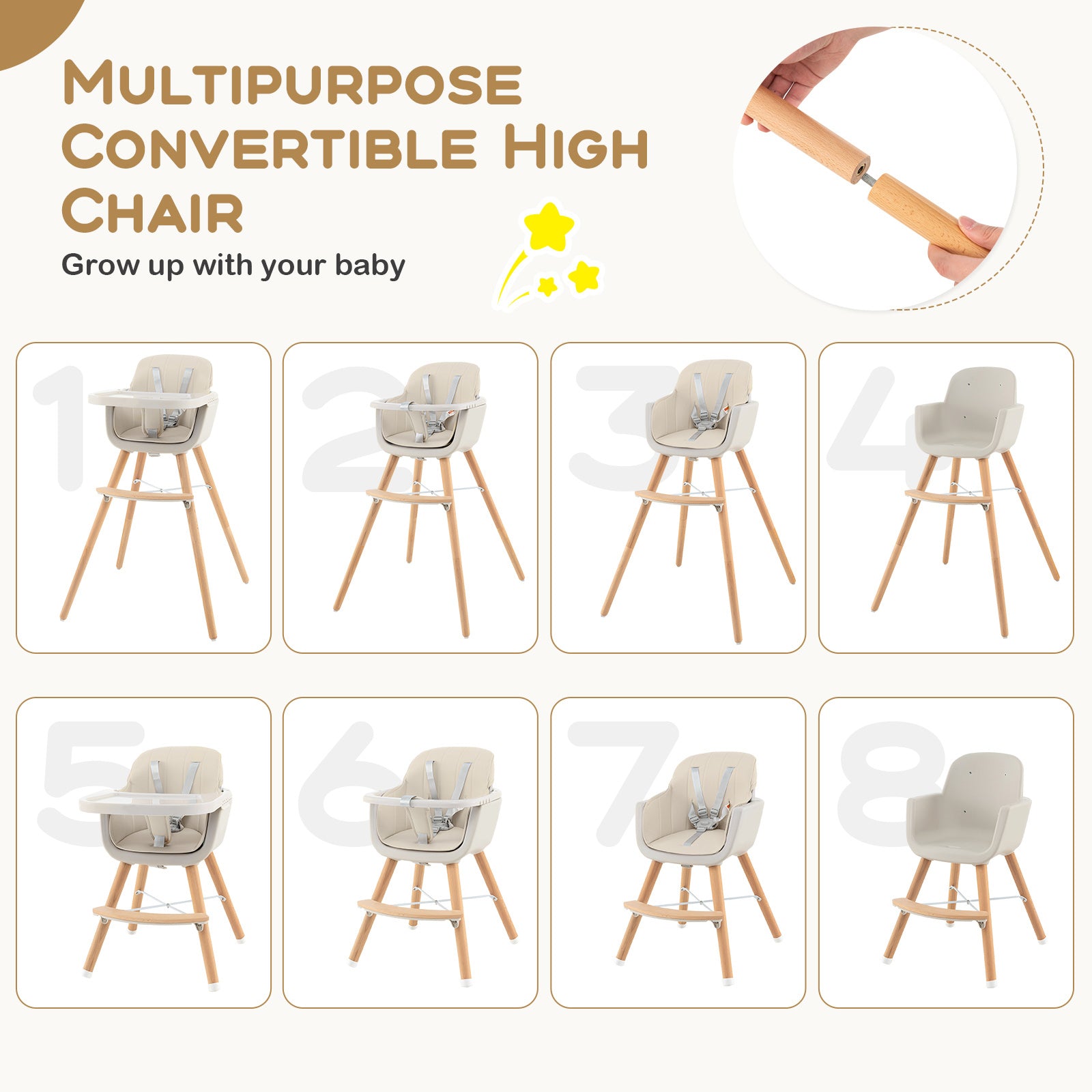 3-in-1 Convertible Wooden High Chair with Cushion, Beige High Chairs   at Gallery Canada