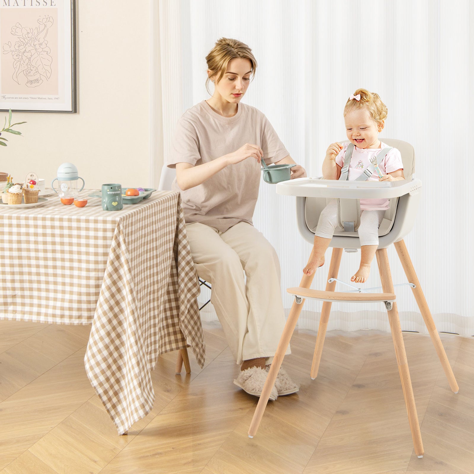 3-in-1 Convertible Wooden High Chair with Cushion, Beige High Chairs   at Gallery Canada