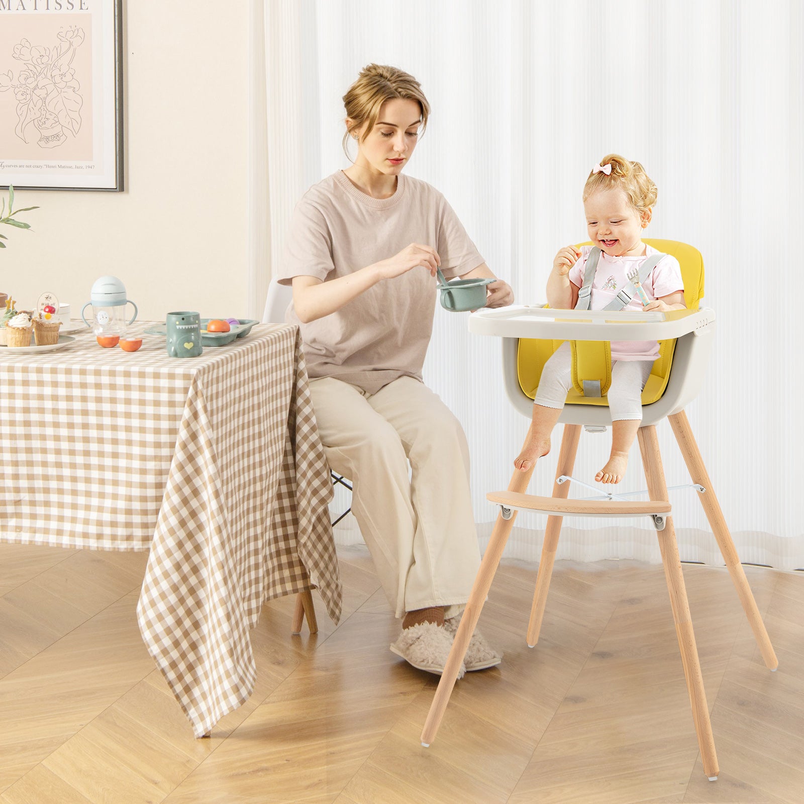 3-in-1 Convertible Wooden High Chair with Cushion, Yellow High Chairs   at Gallery Canada