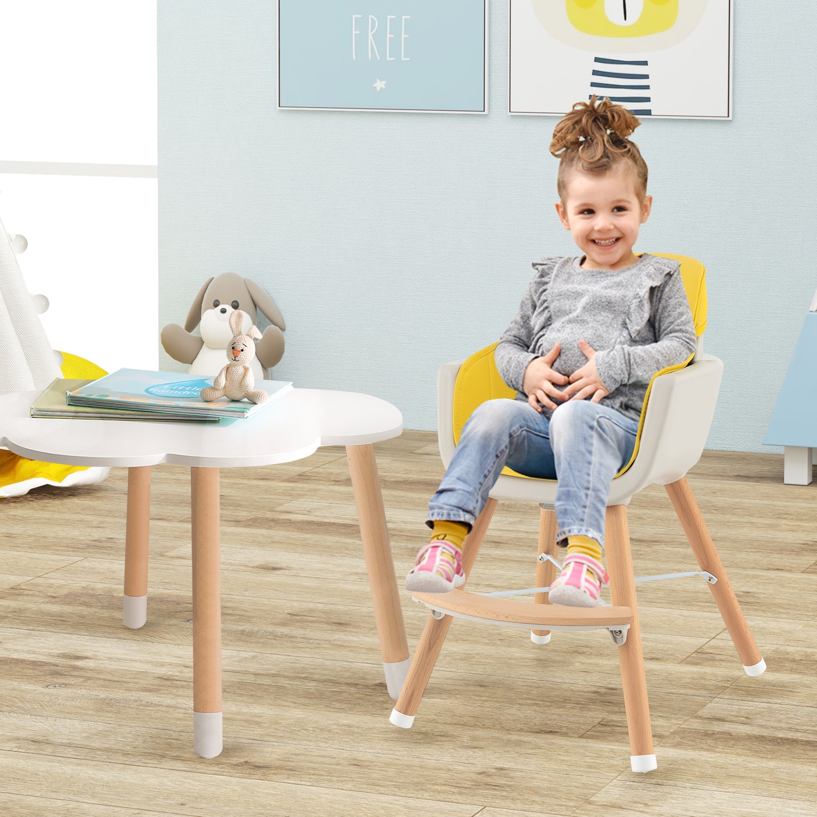 3-in-1 Convertible Wooden High Chair with Cushion, Yellow High Chairs   at Gallery Canada