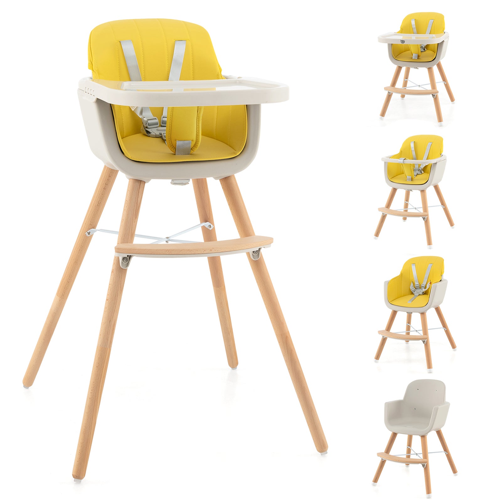 3-in-1 Convertible Wooden High Chair with Cushion, Yellow High Chairs   at Gallery Canada