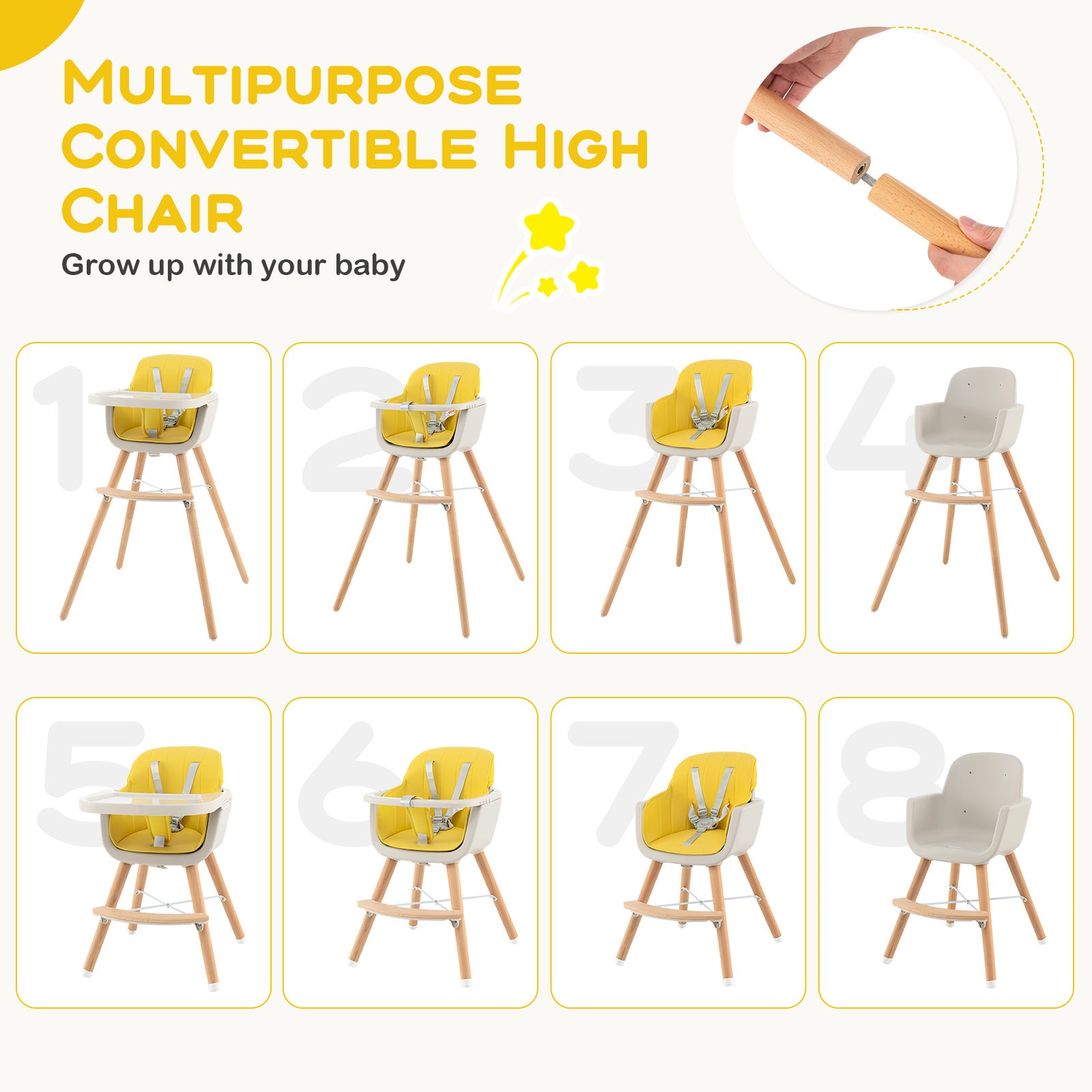 3-in-1 Convertible Wooden High Chair with Cushion, Yellow High Chairs   at Gallery Canada