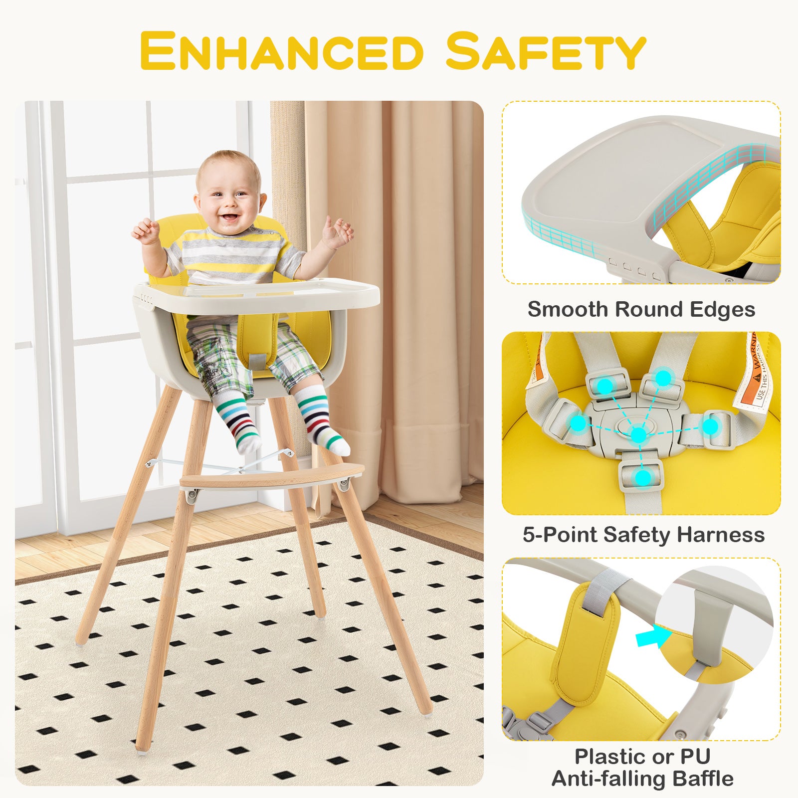 3-in-1 Convertible Wooden High Chair with Cushion, Yellow High Chairs   at Gallery Canada