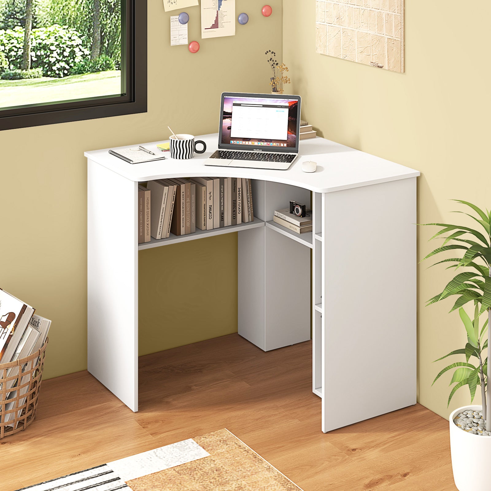 Corner Computer Desk Triangle Home Office Desk with Adjustable Shelf and Arc-Shaped Profile, White Computer Desks at Gallery Canada
