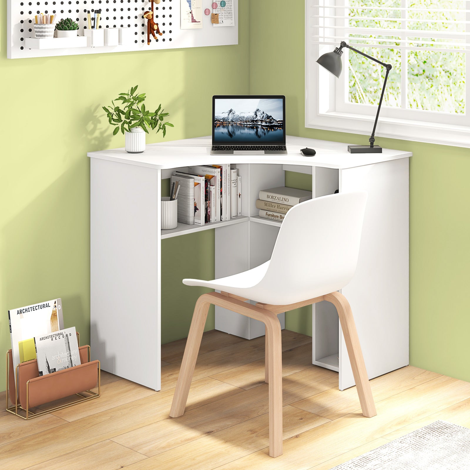 Corner Computer Desk Triangle Home Office Desk with Adjustable Shelf and Arc-Shaped Profile, White Computer Desks at Gallery Canada