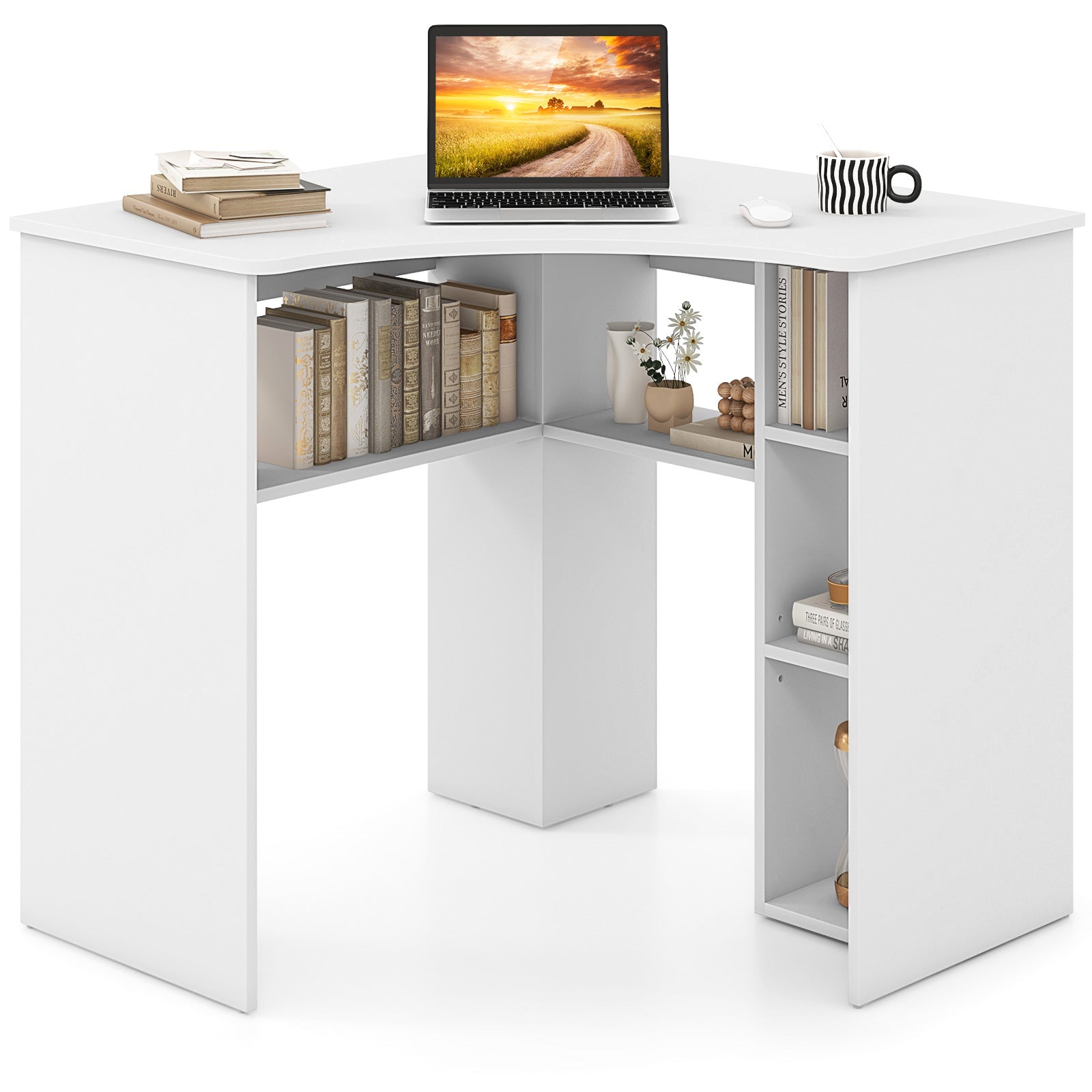 Corner Computer Desk Triangle Home Office Desk with Adjustable Shelf and Arc-Shaped Profile, White Computer Desks at Gallery Canada