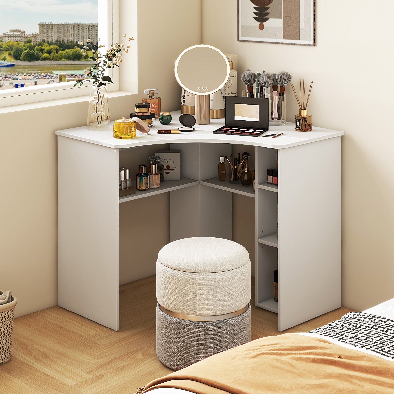Corner Computer Desk Triangle Home Office Desk with Adjustable Shelf and Arc-Shaped Profile, White Computer Desks at Gallery Canada