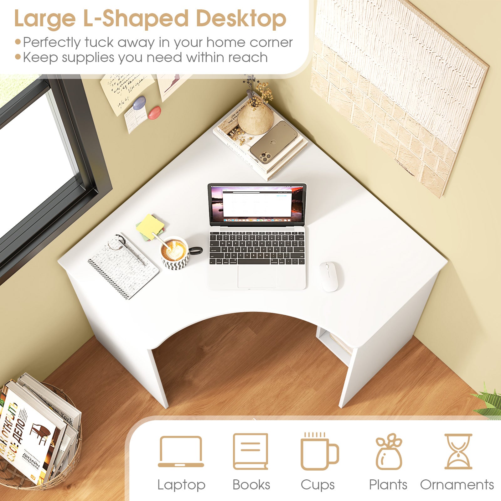 Corner Computer Desk Triangle Home Office Desk with Adjustable Shelf and Arc-Shaped Profile, White Computer Desks at Gallery Canada