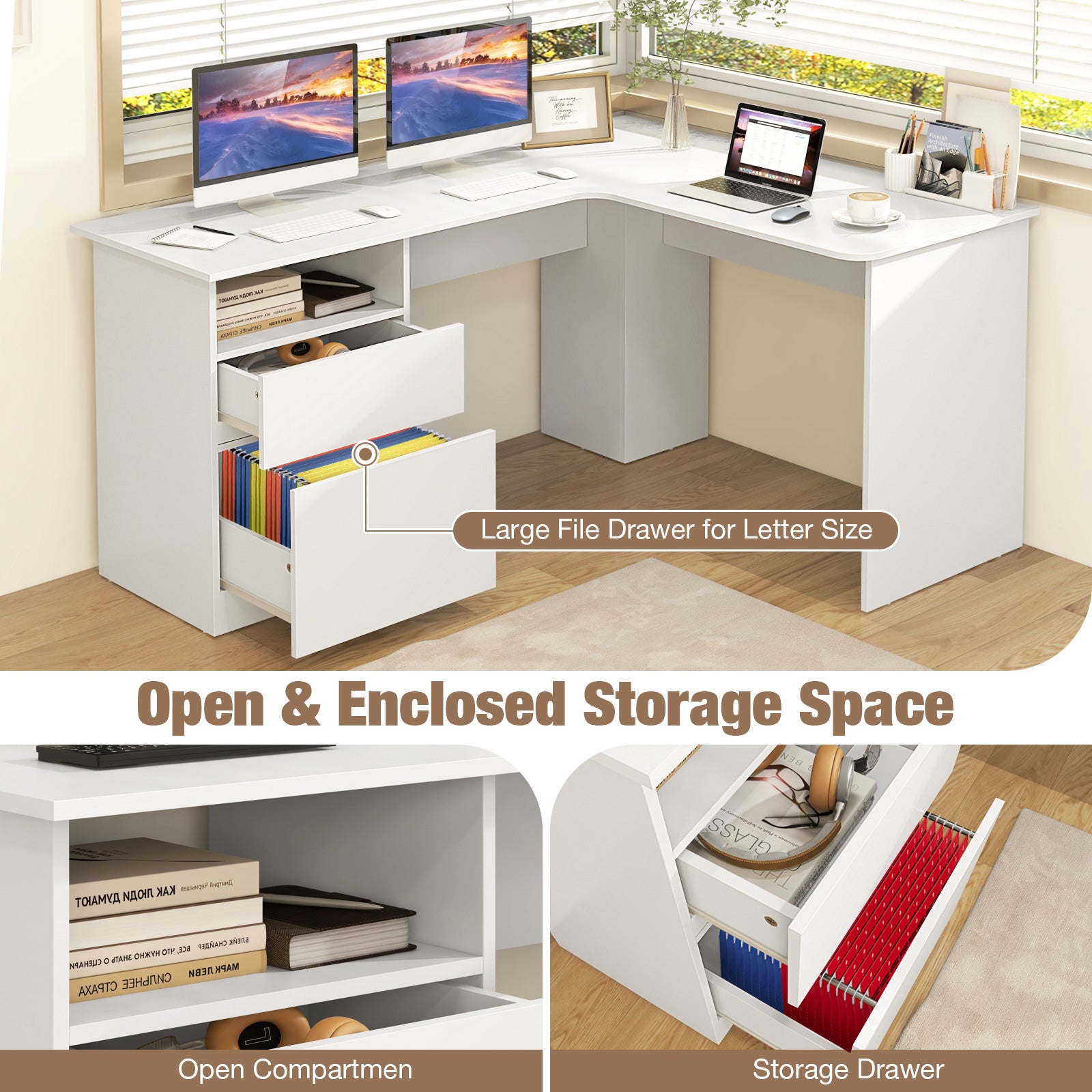 L-Shaped Computer Desk with Letter File Drawer, White L-Shaped Desks at Gallery Canada