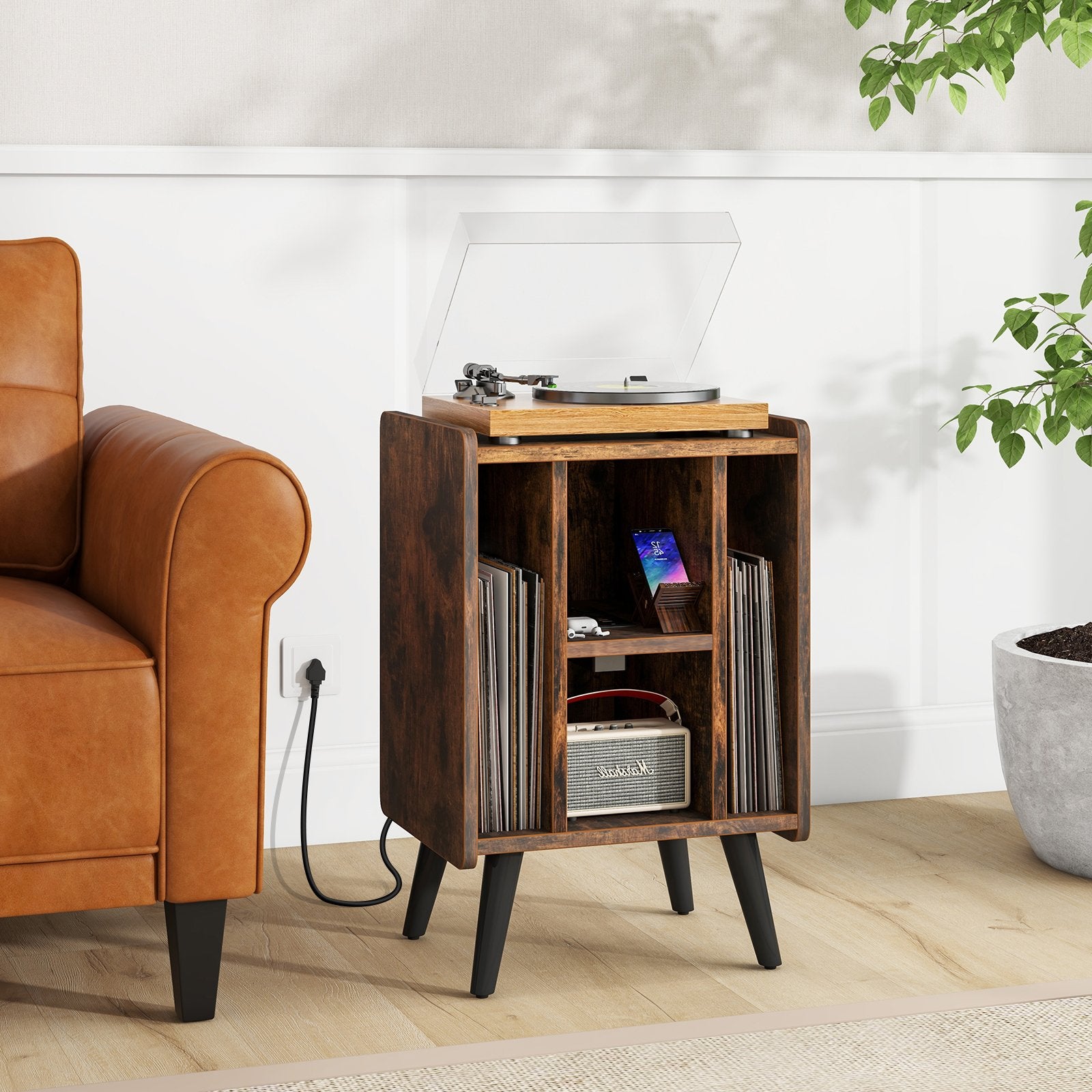 Vinyl Record Storage Turntable Stand with 4 Open Shelves, Brown File Cabinets   at Gallery Canada