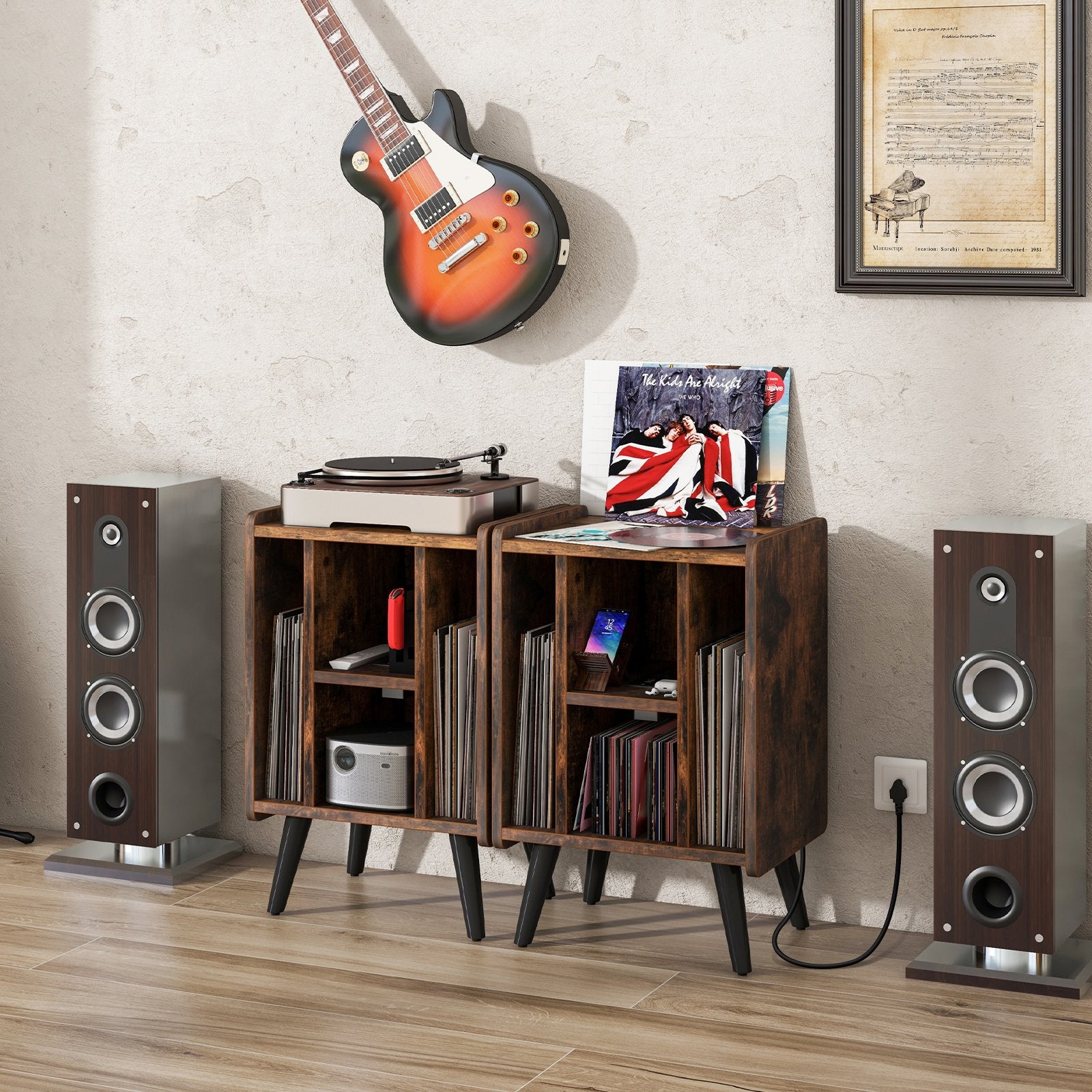 Vinyl Record Storage Turntable Stand with 4 Open Shelves, Brown File Cabinets   at Gallery Canada