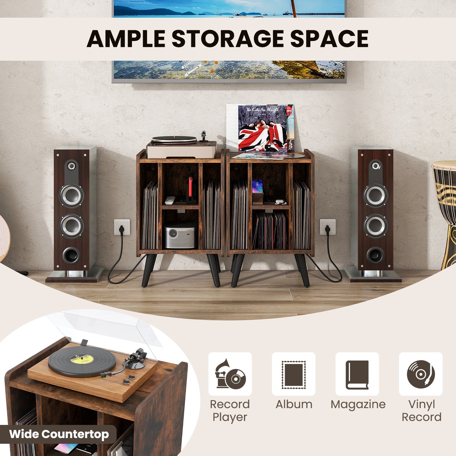 Vinyl Record Storage Turntable Stand with 4 Open Shelves, Brown File Cabinets   at Gallery Canada